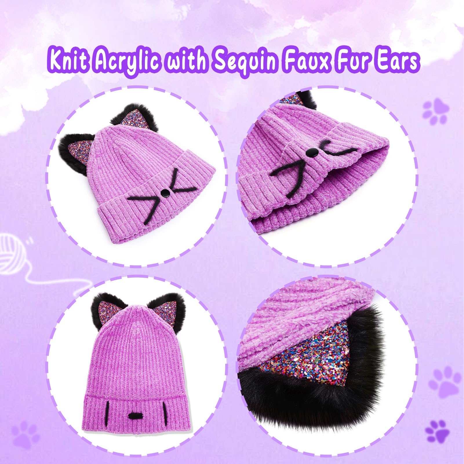 Sparkle Cat Ears Knit Beanie for Girls Ages 7-12 - Warm Winter Hat with Sequins for Outdoor Snow Skiing & Cold Weather Activities