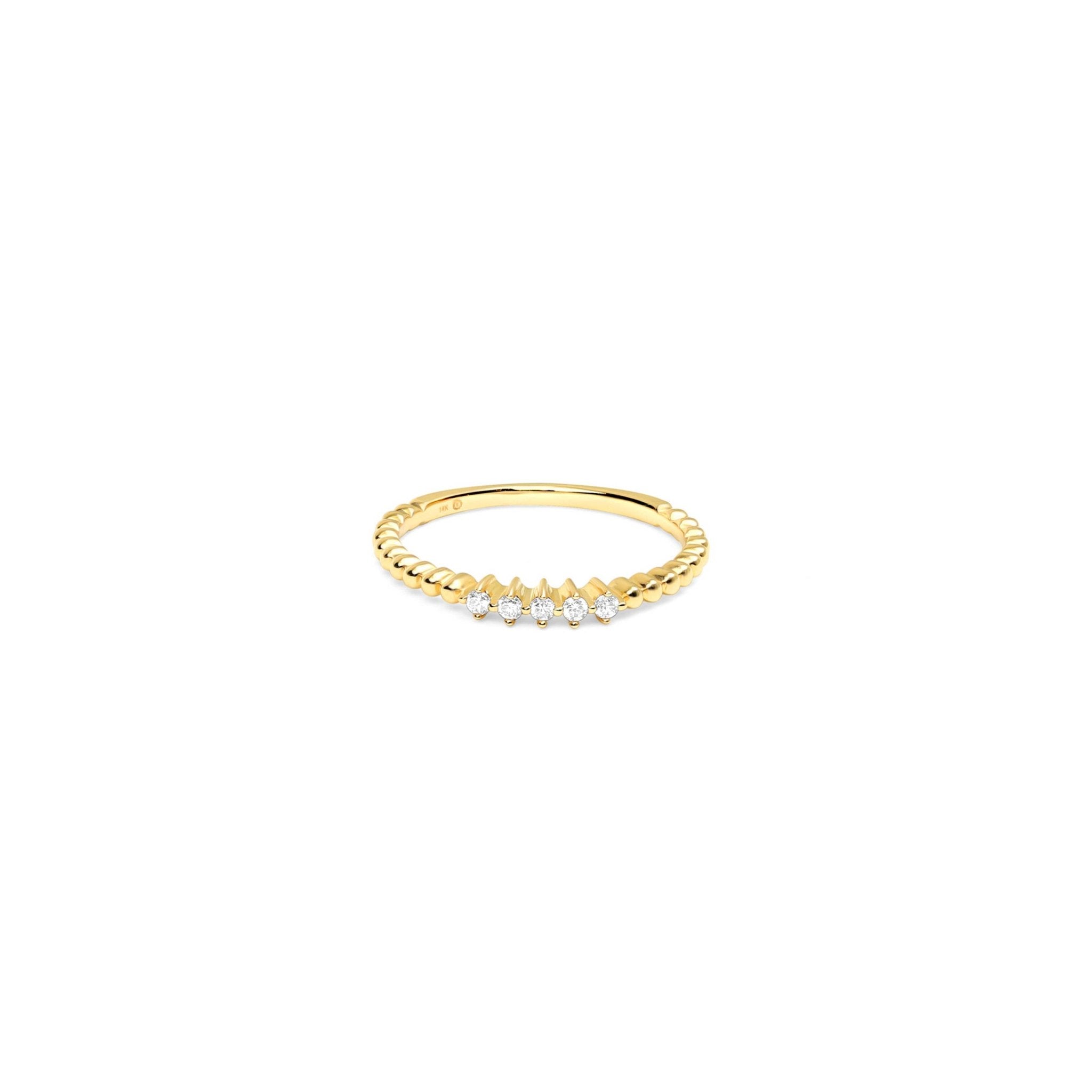 Five Diamond Beaded Ring in Solid 14k Yellow Gold - Elegant Stackable Jewelry for Women, Perfect for Weddings, Anniversaries & Everyday Wear