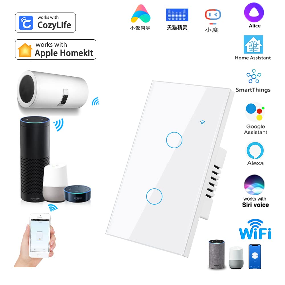 Smart Light Switch with WiFi & Touch Control - HomeKit, Alexa, Google Assistant Compatible, No Hub Required, Glass Panel Design, 2 Gang, White | Perfect for Modern Homes & Smart Lighting Automation