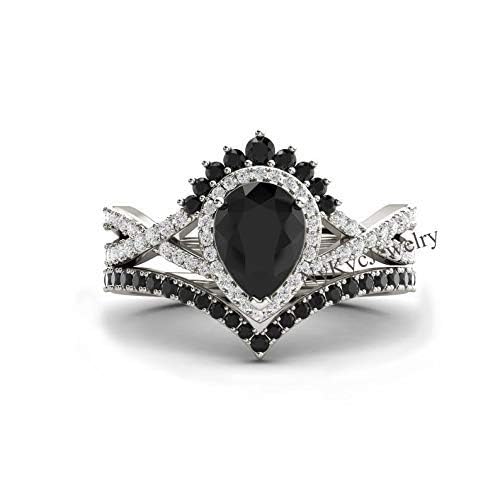 Natural Black Onyx Ring - 18k Rose Gold & 925 Sterling Silver Women's Jewelry - Pear Shaped Onyx with CZ Diamond Accents - Elegant Gemstone Ring for Valentine's Day Gifts, Anniversary or Special Occasions - Perfect for Date Nights, Weddings and Formal Events