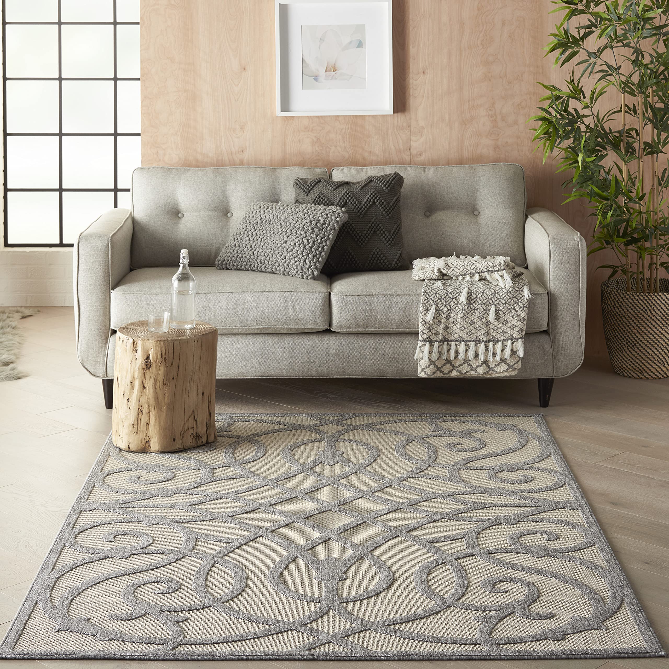 Nourison Palamos 6' x 9' Indoor/Outdoor Area Rug in Cream Grey - Easy to Clean, Non-Shedding, Stain Resistant - Perfect for Bedroom, Living Room, Dining Room, Backyard, Deck & Patio - Soft & Durable for Home Decor & Outdoor Entertaining