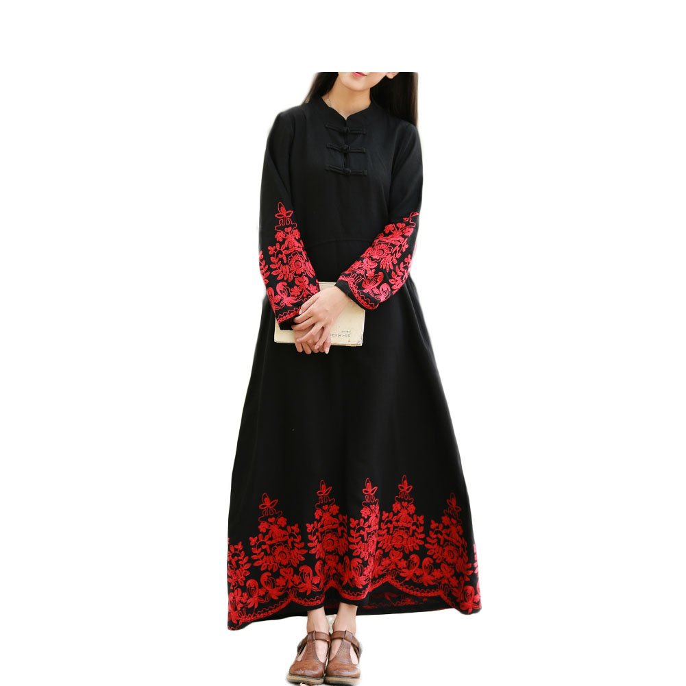 Chinese Style Floral Embroidery Women's Long Sleeve Maxi Dress - Elegant Boho Casual Dress for Spring Summer, Perfect for Weddings, Parties & Vacation Wear