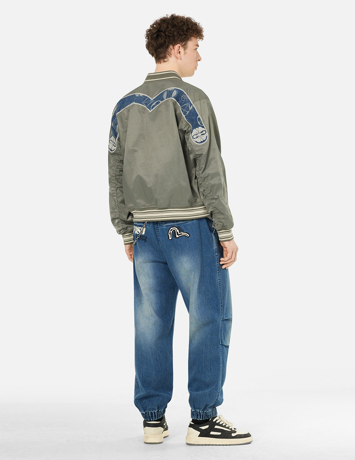 Men's Regular Fit Bomber Jacket with Denim Insert and Kamon Embroidery - Stylish Casual Outerwear for Streetwear & Urban Fashion