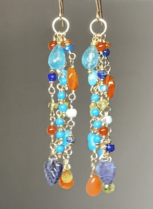 Multi Gemstone Dangle Earrings - Blue, Green Turquoise, Carnelian & Peridot in Gold Filled | Boho Chic Jewelry for Women, Perfect for Parties, Weddings & Everyday Wear