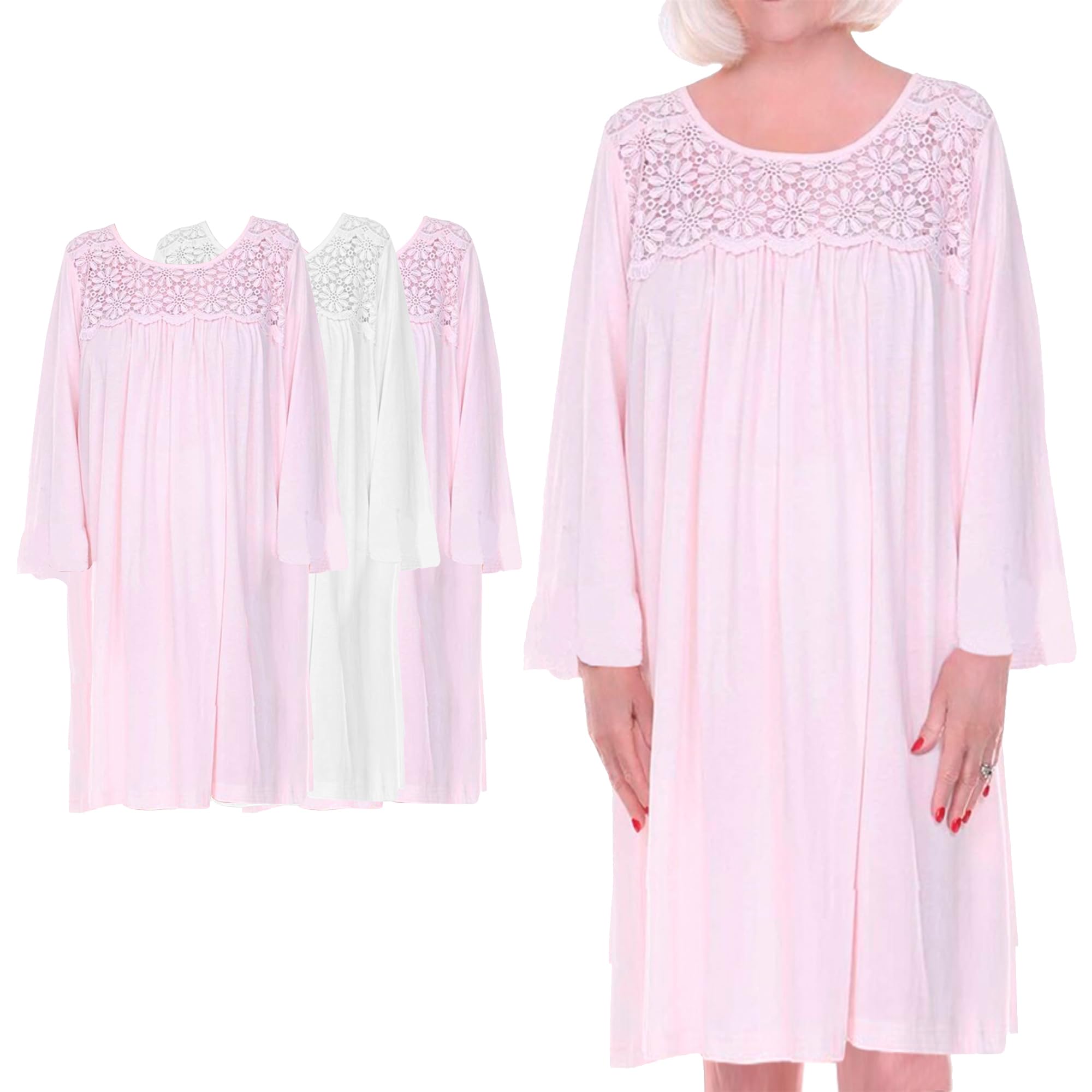 3-Pack Open Back Nightgown for Women - Cotton Long Sleeve Lace Nightgowns for Bedridden Patients - Comfortable Pink Nightwear (Size L-XL) | Perfect for Elderly Care, Hospital Recovery & Home Nursing