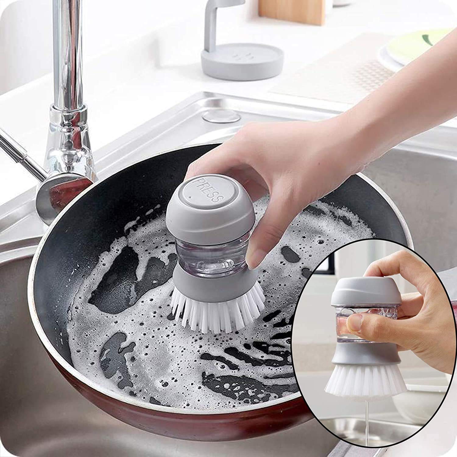 QONETIC Kitchen Sink Cleaning Brush with Built-in Soap Dispenser - Dish Scrubber with Storage Stand Holder, Palm Scrub Brush for Washing Dishes - Perfect for Kitchen, Bathroom, and Outdoor Cleaning (SDWB.01)