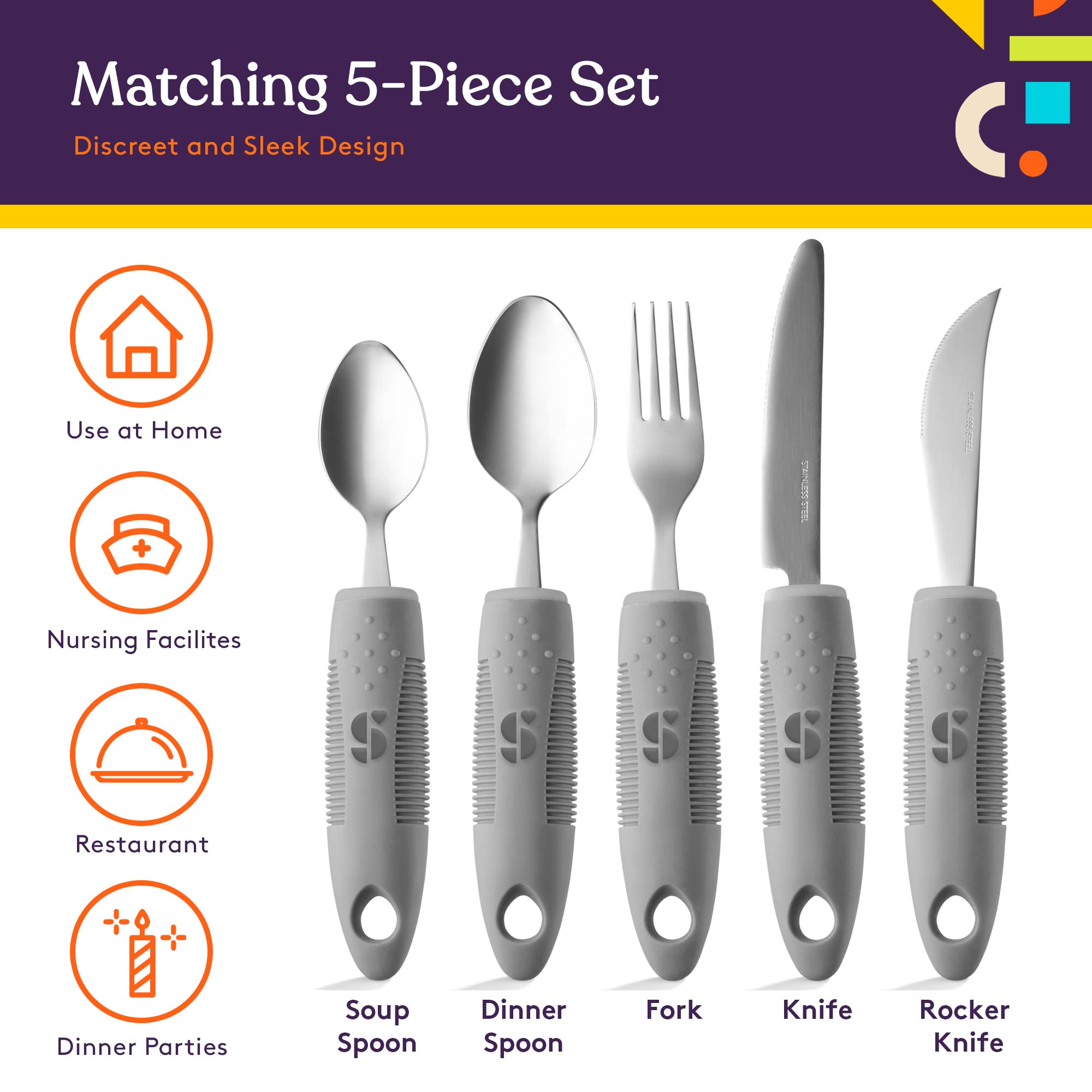 Special Supplies Adaptive Utensils (5-Piece Kitchen Set) - Wide Non-Slip Handles for Hand Tremors, Arthritis & Parkinson’s - Lightweight Ergonomic Silverware for Seniors & Disabled (Grey) - Ideal for Easy Eating & Independent Living