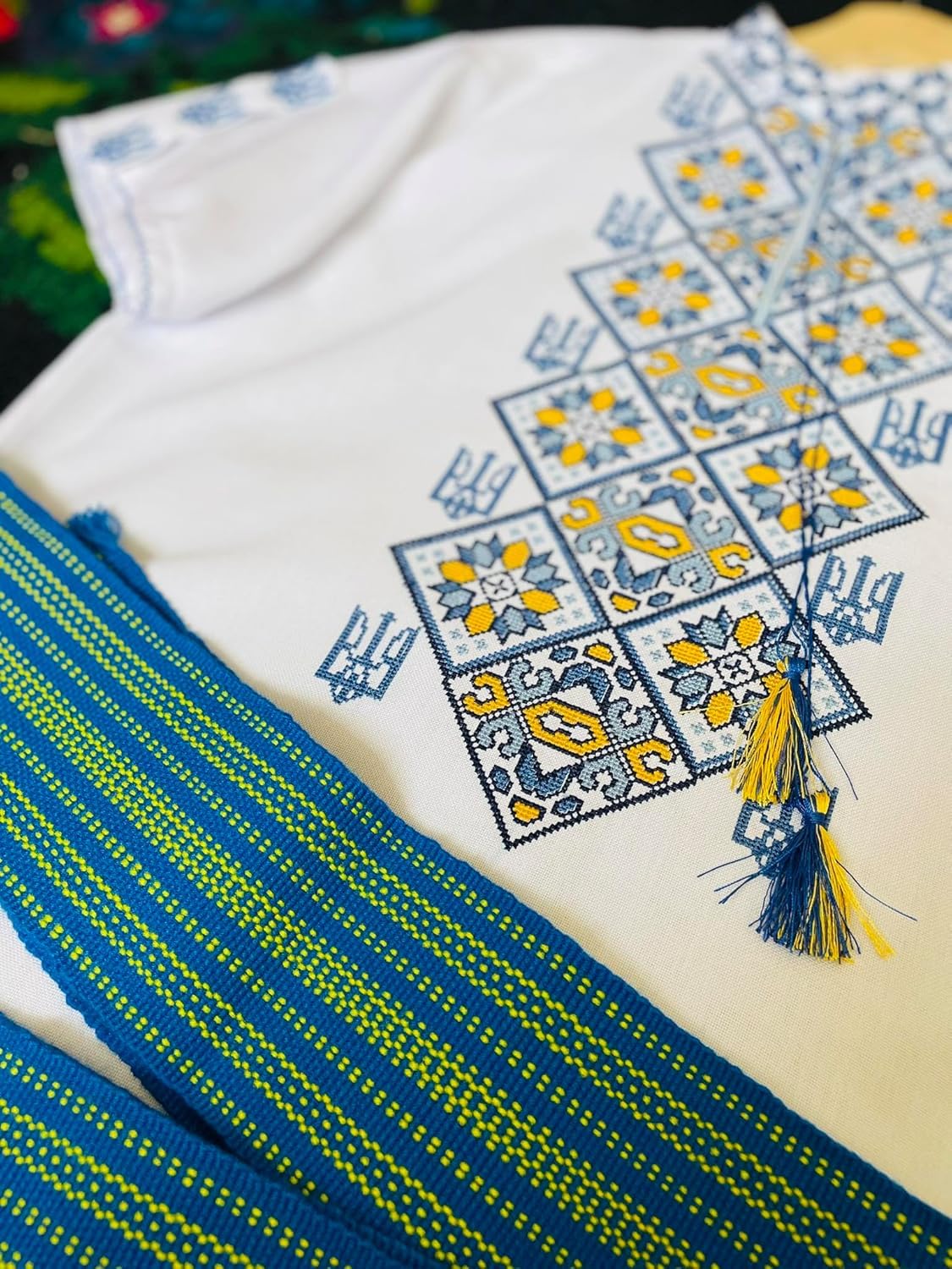 Authentic Ukrainian Vyshyvanka Embroidered Shirt for Men & Women - Yellow & Blue Trident Design, Gender Neutral Traditional Top, Family Matching Outfits, Short Sleeve Cultural Shirt (Sizes XXS-7XL) - Perfect for Folk Festivals, Cultural Events & Ethnic Fashion