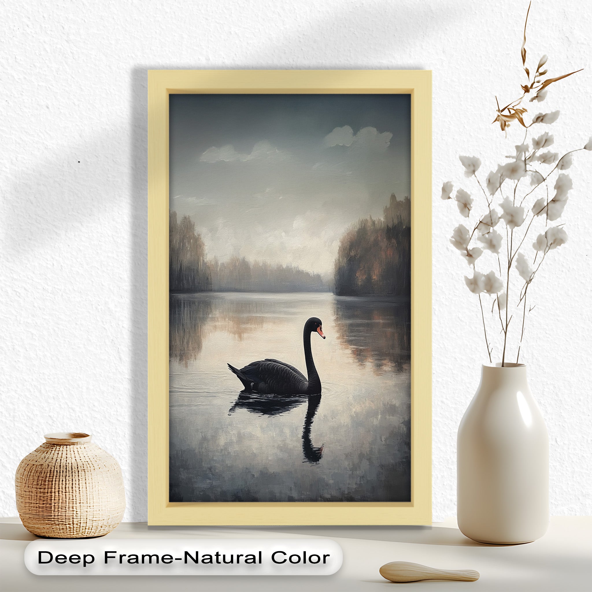 Black Swan at Dusk - Hand Painted Lake Landscape Oil Canvas Artwork - Perfect for Living Room, Bedroom, or Office Wall Decor