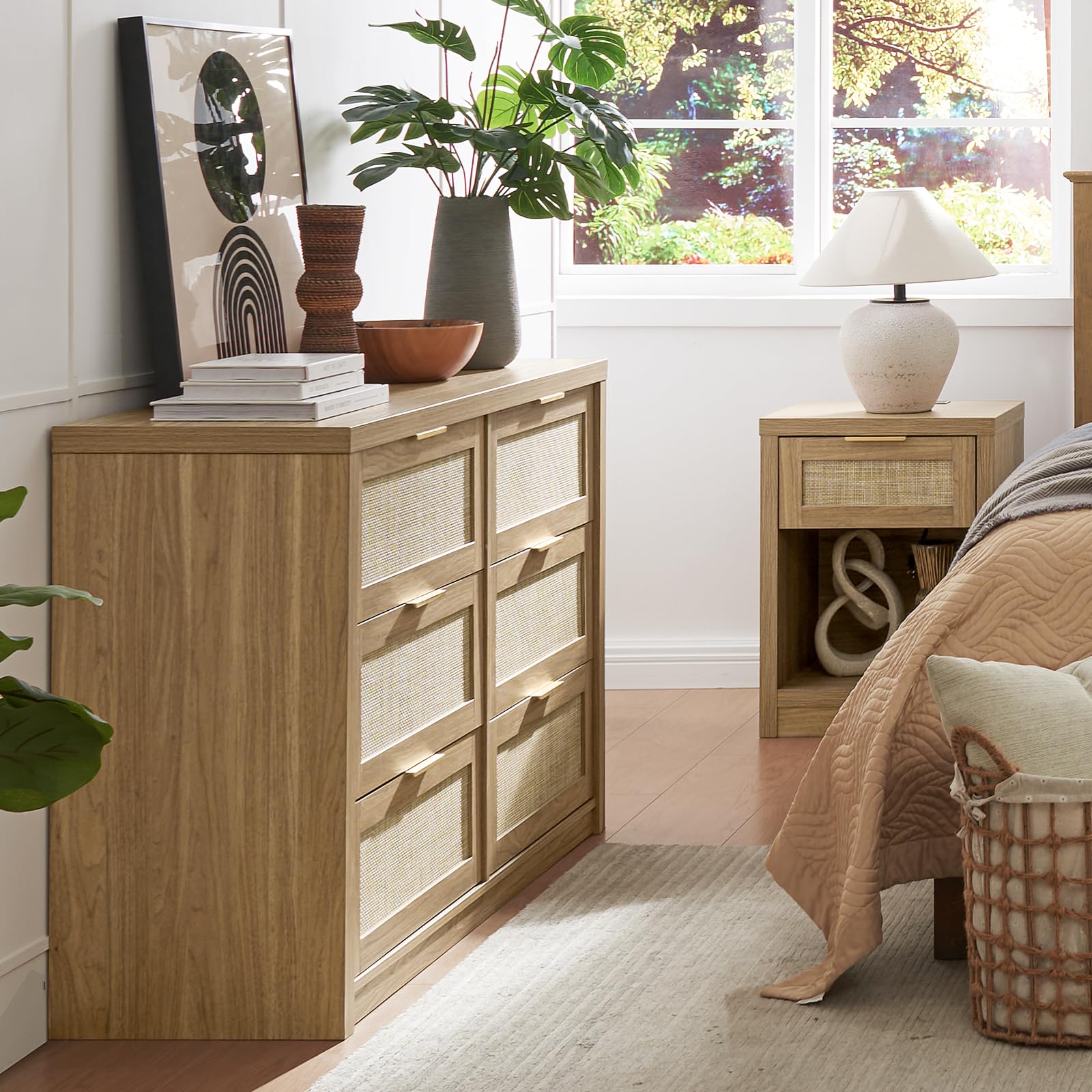 2-Piece Rattan Nightstand Set with USB-C Charging Station & Drawer - Boho Bedside Table, End Table for Bedroom & Living Room (Weathered Oak) - Perfect for Small Spaces, Guest Rooms & Apartment Decor
