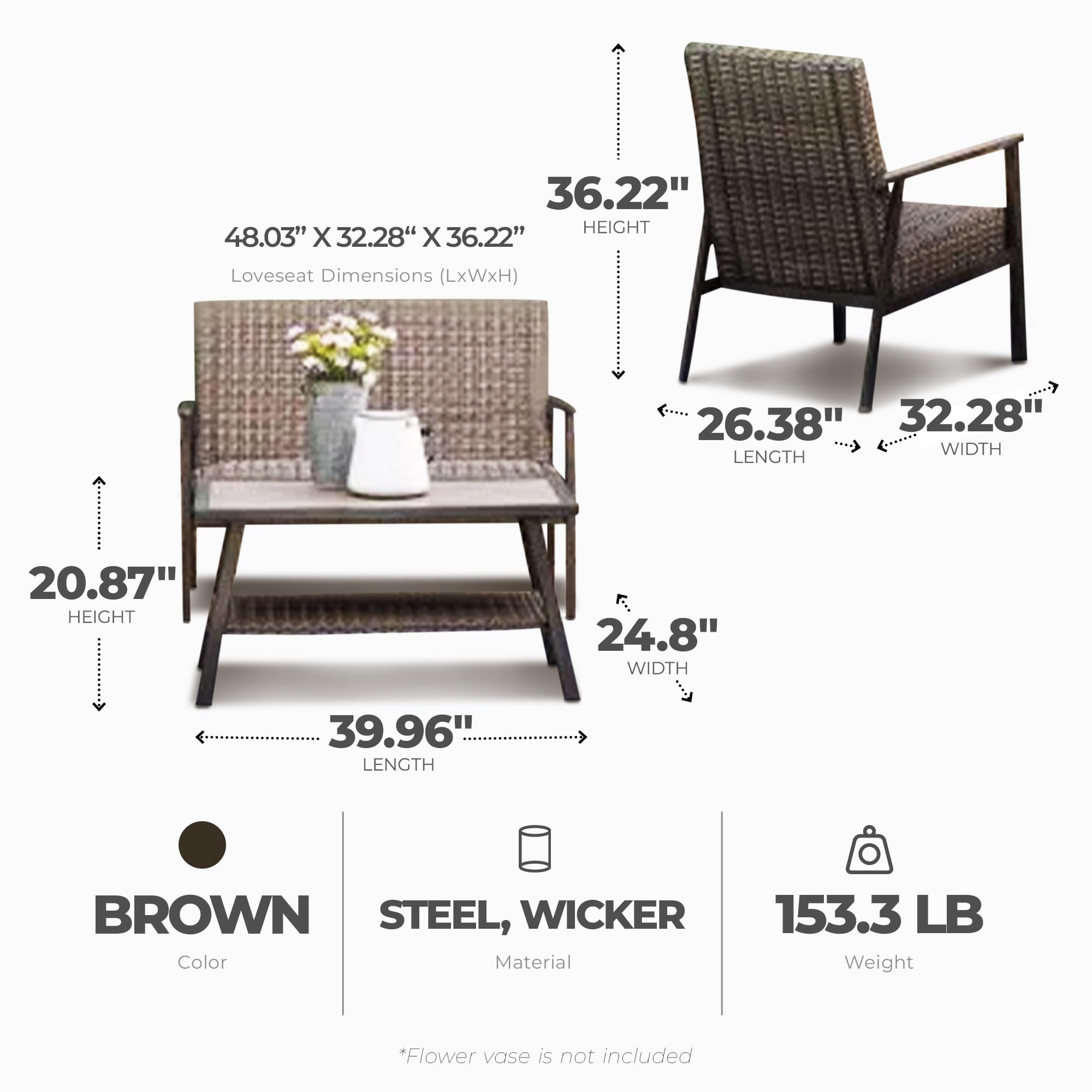 Nantucket 4-Piece All-Weather Outdoor Patio Furniture Set - 2 Chairs, Loveseat & Rectangular Table in Brown - Perfect for Backyard, Poolside & Garden Relaxation