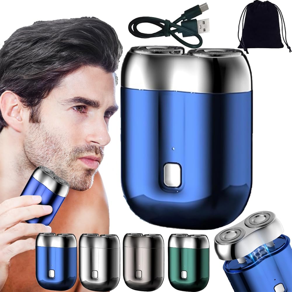 Jacooba Mini Dual-Head Electric Shaver for Men - Rechargeable Waterproof Travel Razor with Floating 4D Shaving Head, Precision Trimmer & Portable Design - Perfect for Home, Travel & Gym Use (Blue)