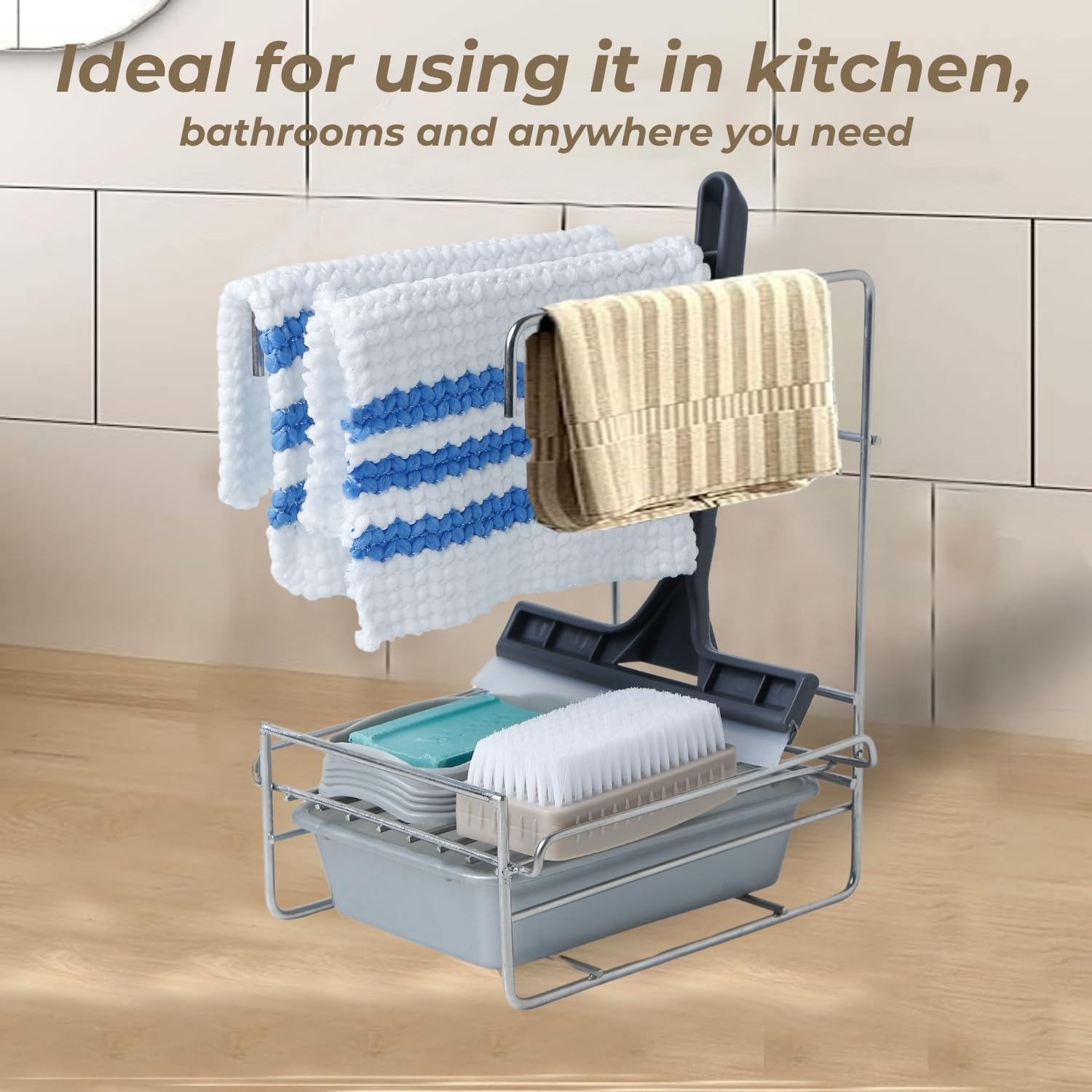 Premium Stainless Steel Sink Organizer with Drip Tray & Adhesive Sticker - Countertop Kitchen Sink Rack for Sponge, Soap & Utensils - Space Saving Bathroom & Kitchen Organizer for Tidy Home (Ideal for Small Apartments & RVs)