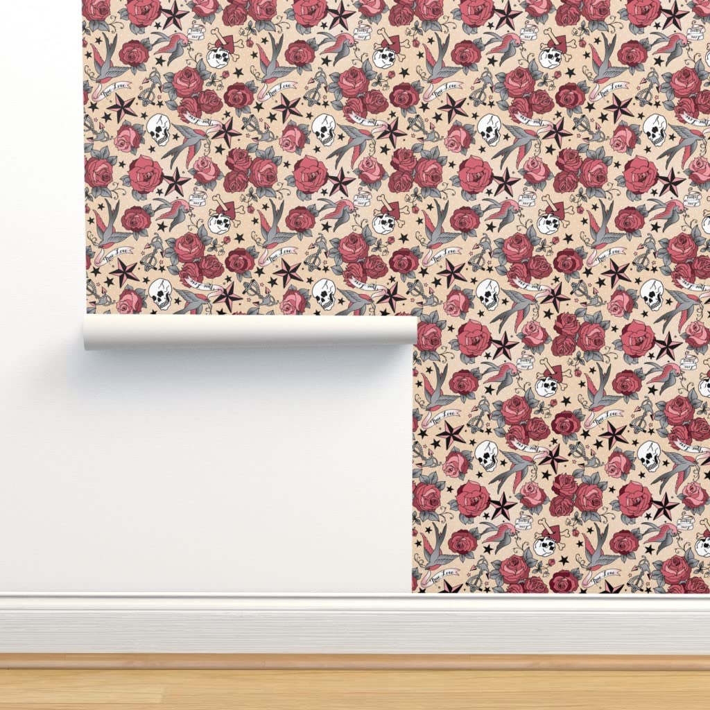 Peel & Stick Wallpaper 12ft x 2ft - Floral Tattoo Design with Roses, Stars, Skulls & Birds | Removable Self-Adhesive Wallpaper for Bedroom, Nursery & Home Decor | Easy DIY Installation