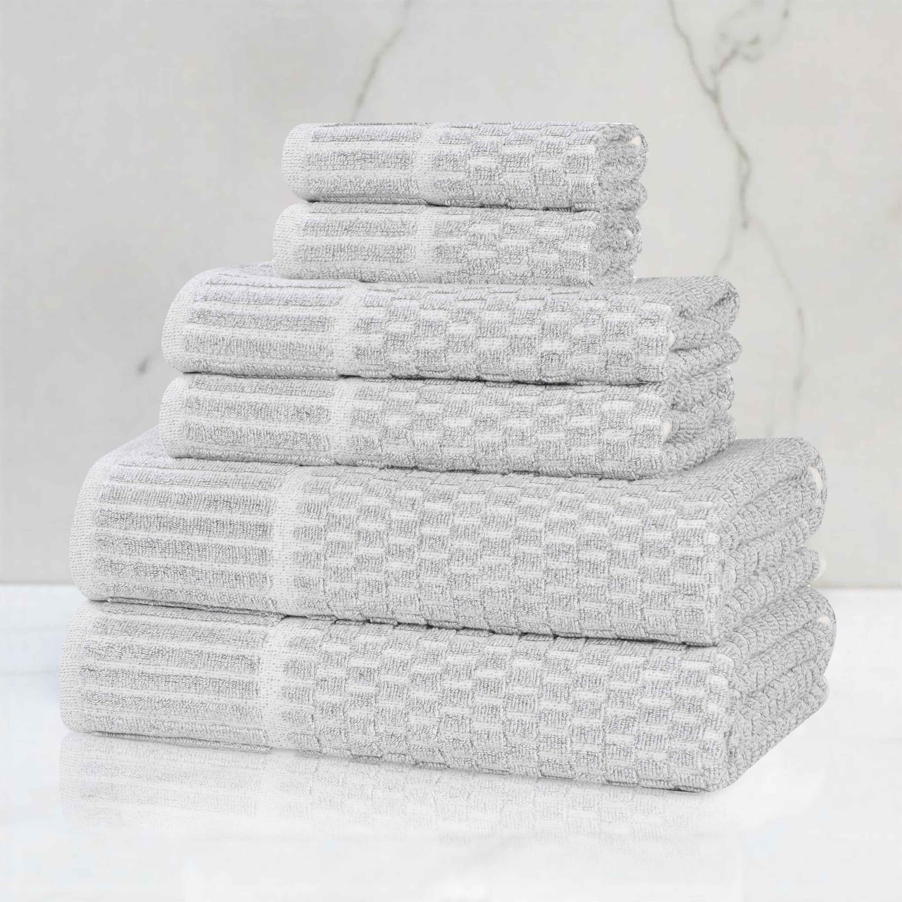 Premium 6-Piece Cotton Blend Checkered Border Towel Set - Medium Weight, Soft & Absorbent - Perfect for Bathroom, Kitchen & Guest Use
