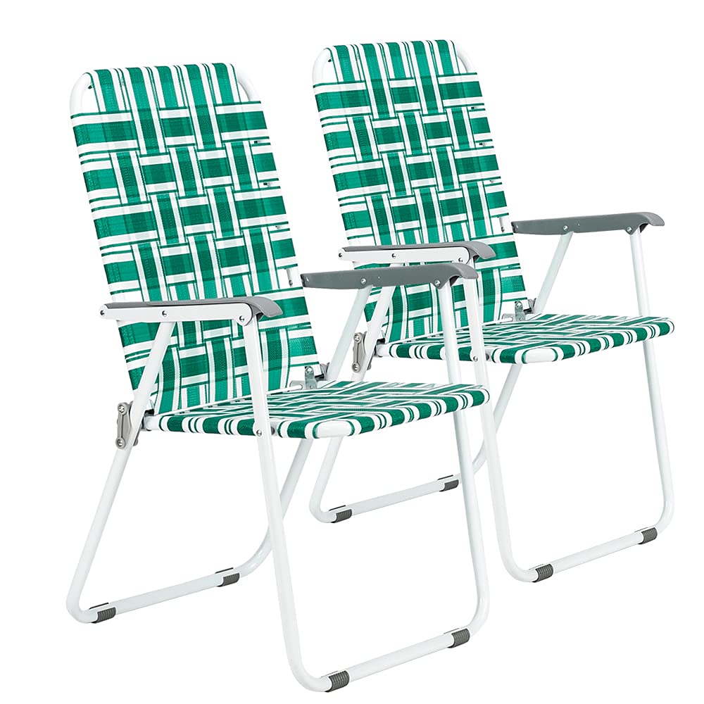 HomVent Folding Beach Chair - 2-Pack Light Green Outdoor Camping Chairs with Gray Armrests, 260 lb Capacity - Portable Webbed Patio Chairs for Garden, Pool, Park, Beach, Picnics and Backyard Relaxation