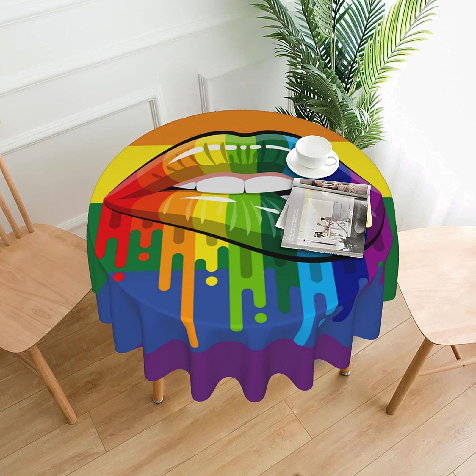 FREEHOTU LGBT Gay Pride Flag & Lips Round Tablecloth - Thickened Washable Table Cover for Kitchen, Dining, Party Decor - 60 Inch - Perfect for Pride Events, Home Decor & Themed Celebrations