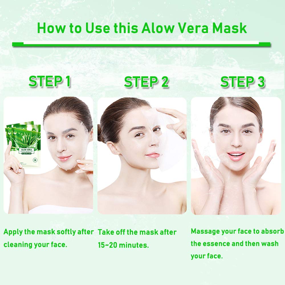 Aloe Vera Facial Sheet Mask - Hydrating & Moisturizing Skincare for Dry, Oily & Sensitive Skin - 25ml/0.8oz Revitalizing Treatment - Pack of 10 - Perfect for Spa Days, Travel & Nighttime Skincare Routine