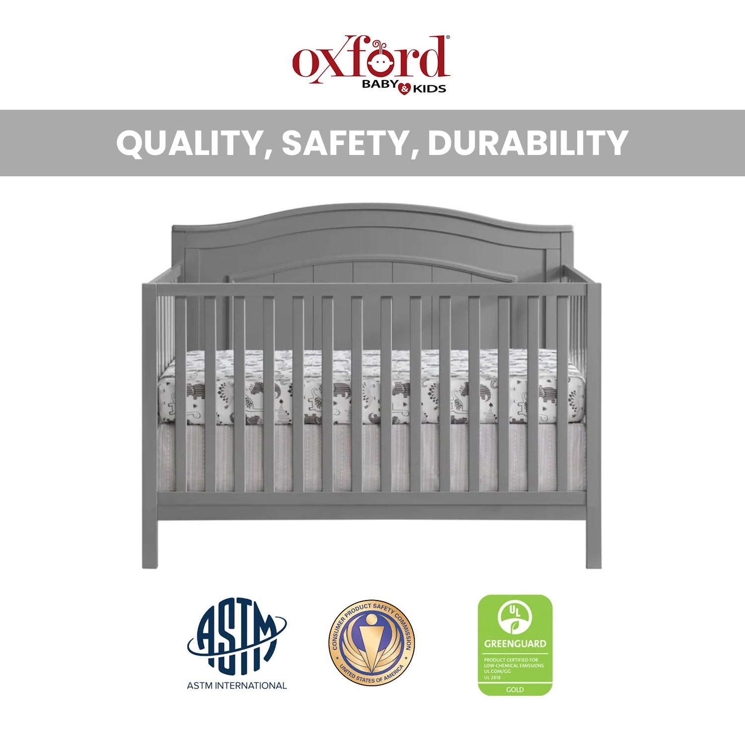 Oxford Baby North Bay 4-in-1 Convertible Baby Crib - Greenguard Gold Certified, Dove Gray | Nursery, Toddler Bed & Daybed | Safe & Stylish for Newborns to Teens