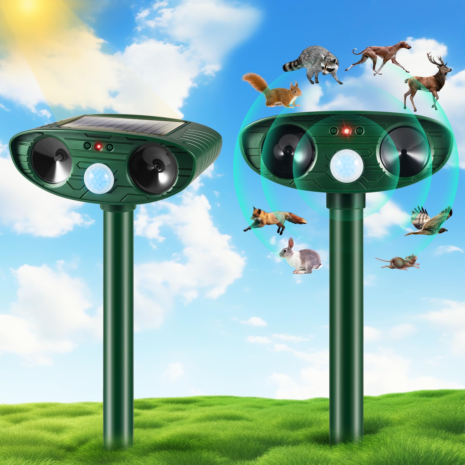 Solar Powered Ultrasonic Animal Repeller Outdoor - 2 Pack Motion Activated Pest Control Device for Deer, Cats, Skunks, Squirrels, Raccoons, Rabbits & Coyotes - Ideal for Yard, Garden & Farm Protection