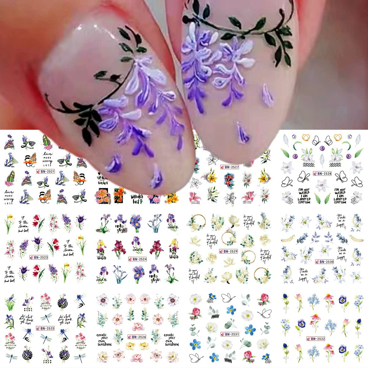 Elegant White Floral Water Transfer Nail Stickers - Rose Lily Tulip Dragonfly Nail Art Decals for Acrylic Nails | Spring Summer Nail Design Supplies (12 Sheets) | Perfect for DIY Manicures, Bridal Nails & Salon Nail Art