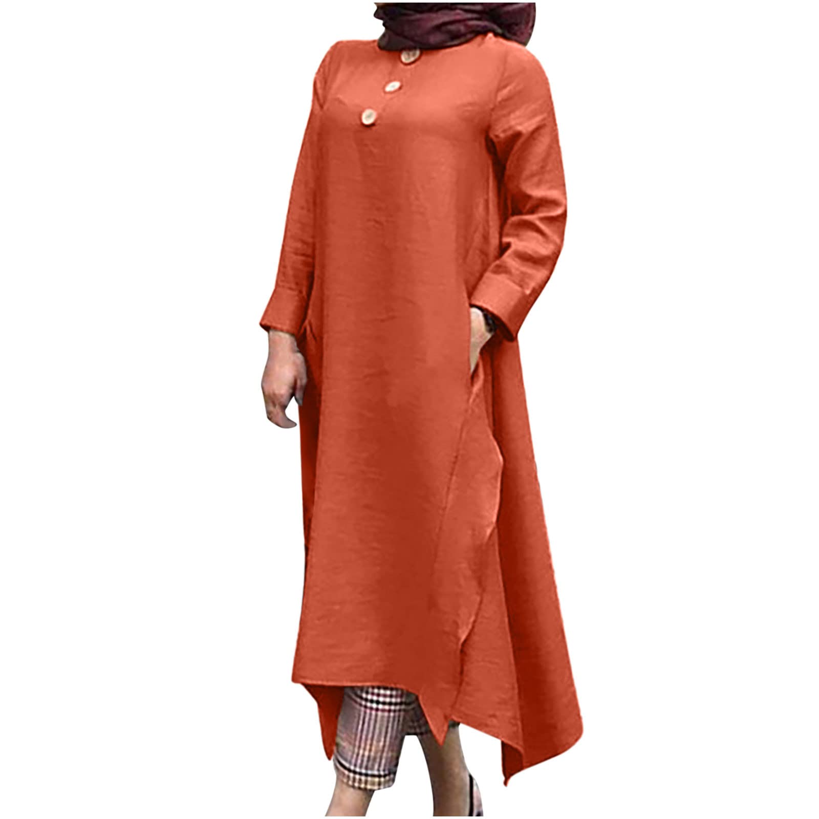 Women's Casual Maxi Dresses with Buttons - Long Sleeve Loose Fit Slit Dress with Pockets | Solid Color Crew Neck Ruffle Design for Everyday Wear, Date Night & Vacation Outfits