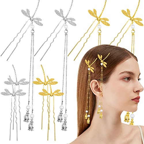 8 Pcs Dragonfly Hair Forks - Metal U Shape Hairpins with Tassel, Hair Sticks & Clips for Women - Classic Bridal Wedding Bun Styling Accessories for Girls (Perfect for Weddings, Parties & Everyday Hairstyles)