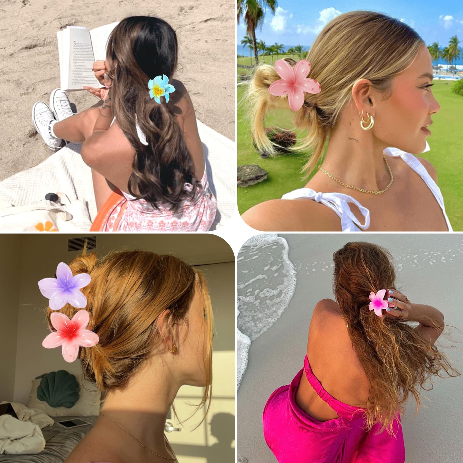 Hawaiian Flower Hair Claw Clips - Large Non-Slip Hair Clips for Women & Girls (6pcs) - Strong Hold for Thin & Thick Hair - Perfect for Beach, Summer & Boho Style Outfits