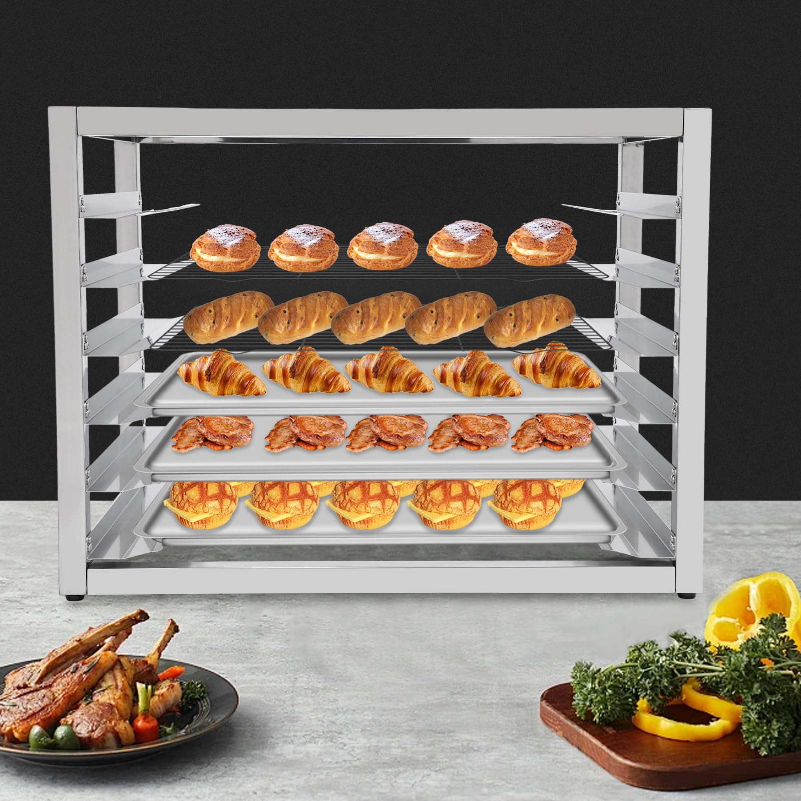 Commercial Stainless Steel 6-Tier Bakery Bun Pan Speed Rack - 6 Sheet Capacity, Countertop Food Tray Organizer for Bakeries, Restaurants & Cafes (Trays Not Included) - Perfect for Baking, Pastry Display & Kitchen Storage