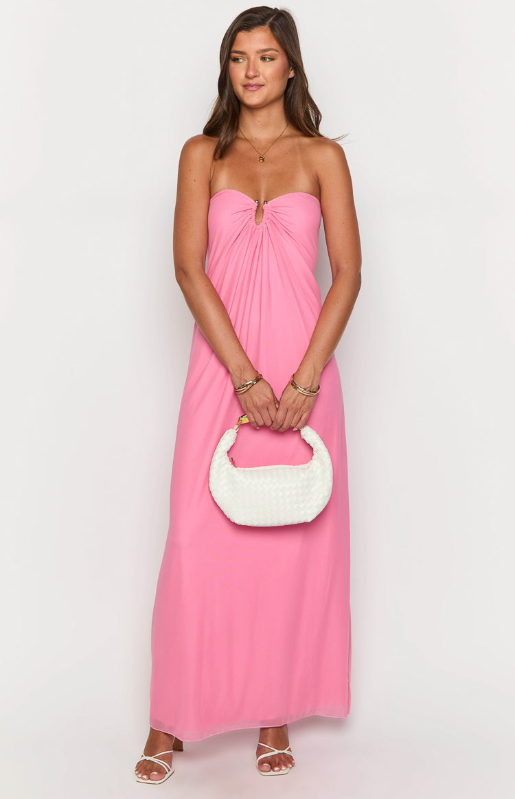 Elegant Pink Strapless Maxi Dress for Women - Flowy Summer Beach Wedding Party Gown - Perfect for Vacations, Date Nights & Special Occasions
