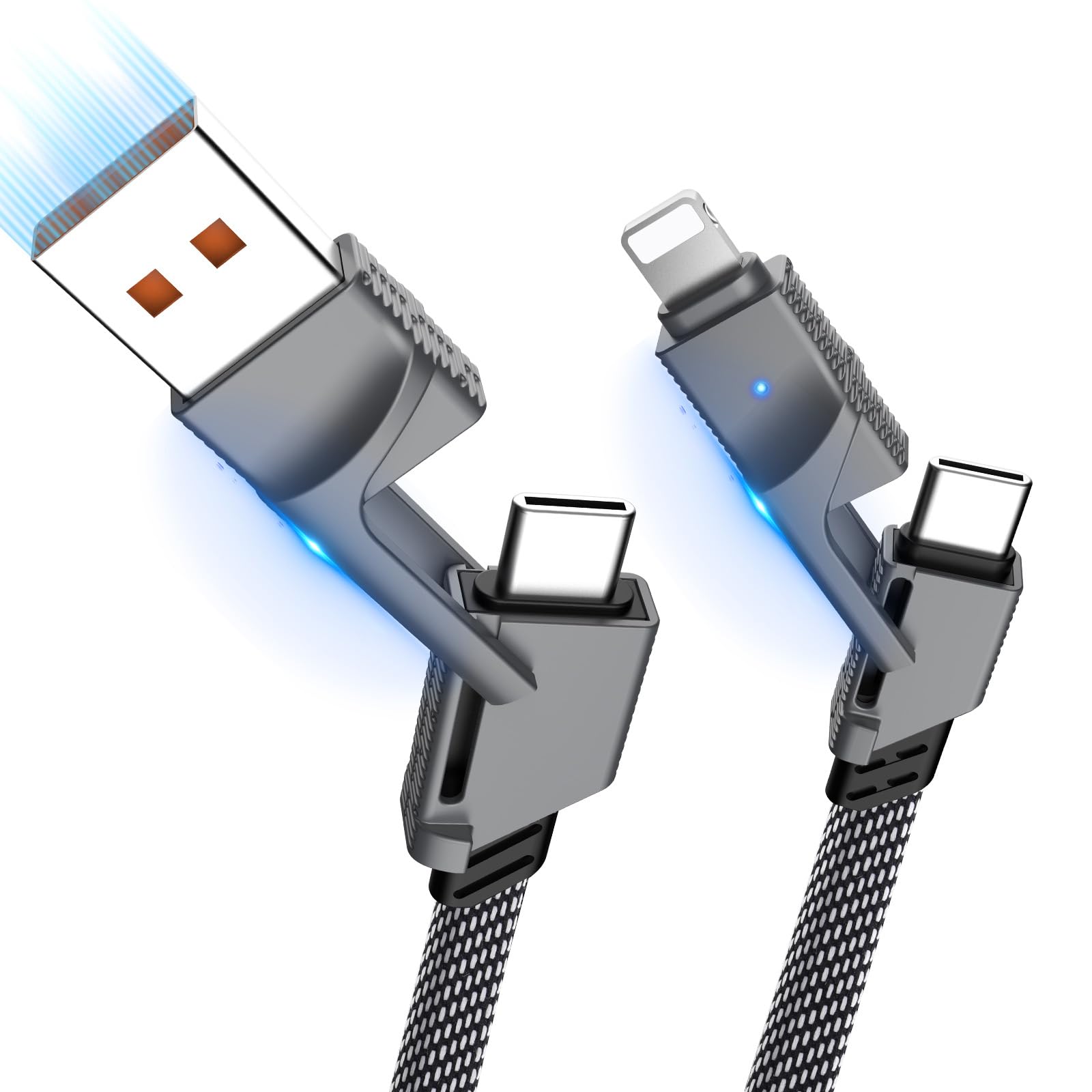 2-Pack 6FT 4-in-1 USB C Cable Fast Charger - 60W PD Braided Flat Cable with Lightning & Dual Type C Ports - Compatible with iPhone 16/15/14/13 Pro Max, Galaxy S24/S23, iPad, MacBook - Perfect for Home, Office & Travel Charging