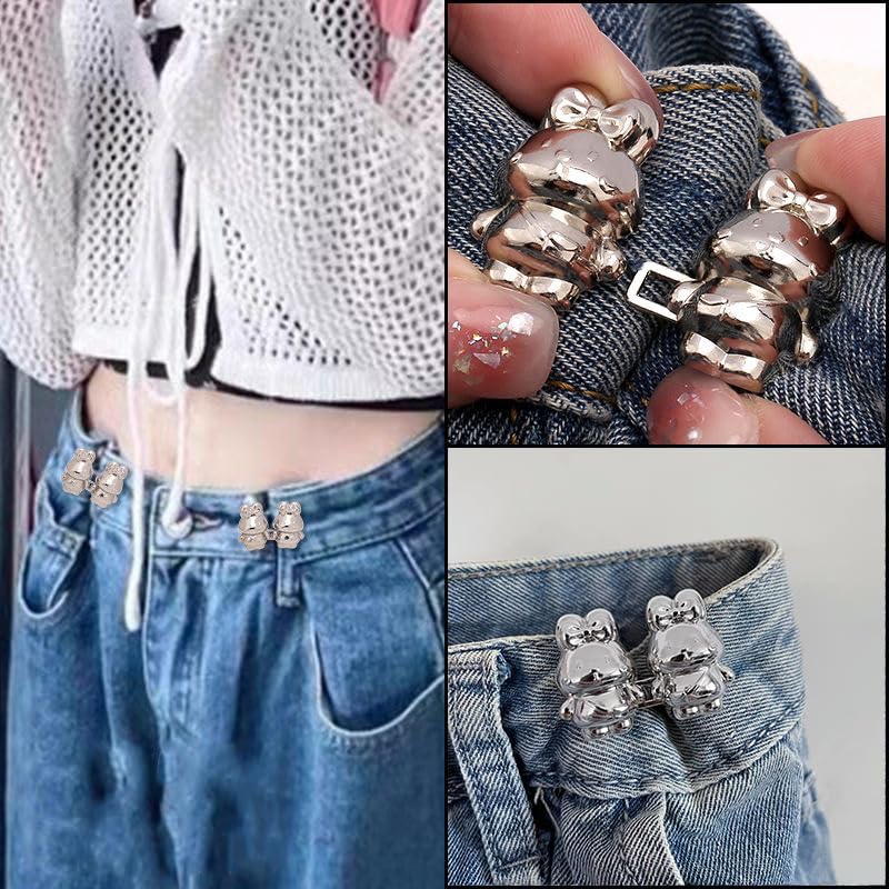 4 Pack Cute Rabbit Denim Button Pins - No Sew Adjustable Jean Buttons for Pants, Skirts & Clothes (Gold & Silver) | Fashion Accessories for DIY Clothing Repair & Outfit Customization
