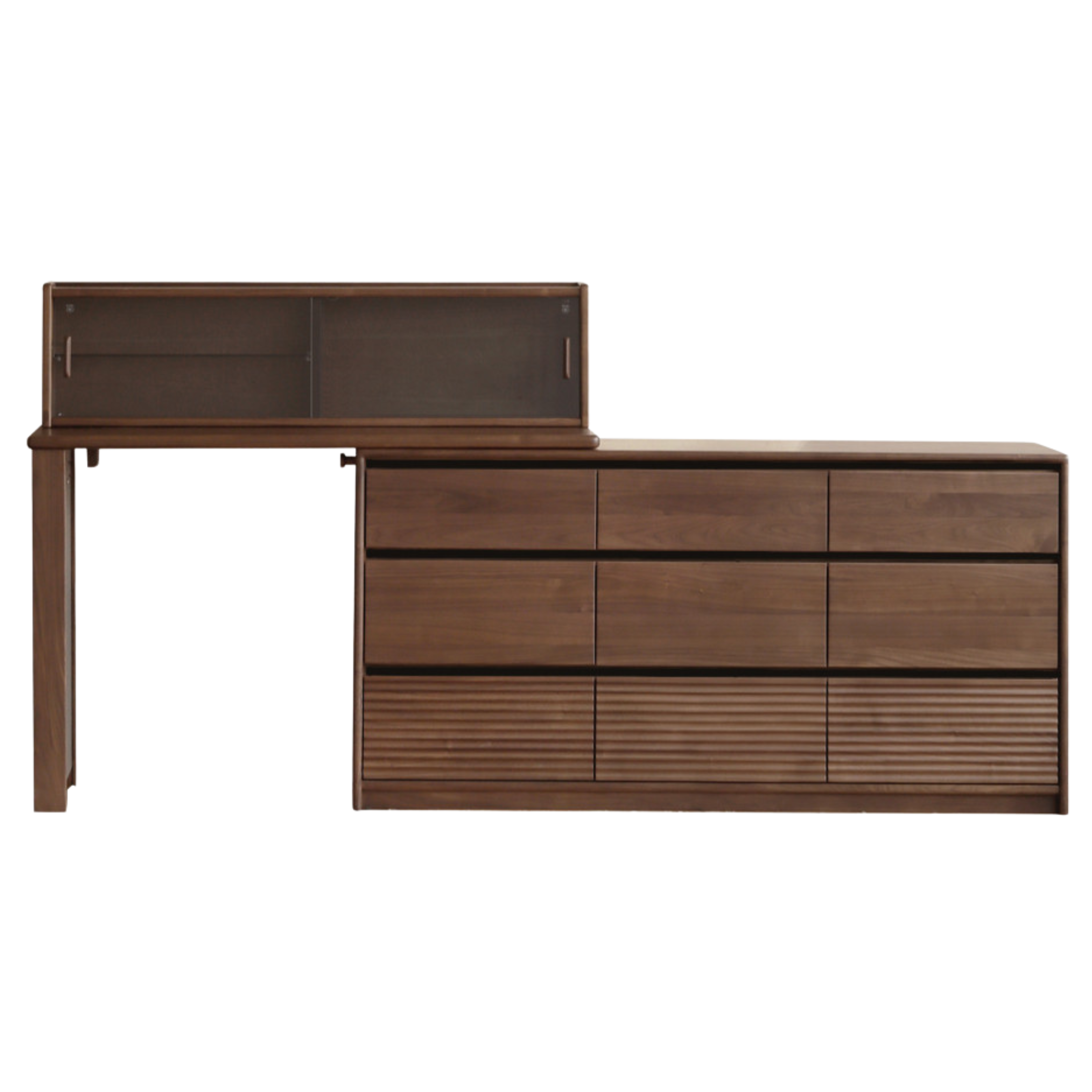 (62.2-101.5)x15.7x43 inch / (158-258)x40x109.3 cm / Rich Dark Walnut color / Table upper shelf nine-drawer cabinet