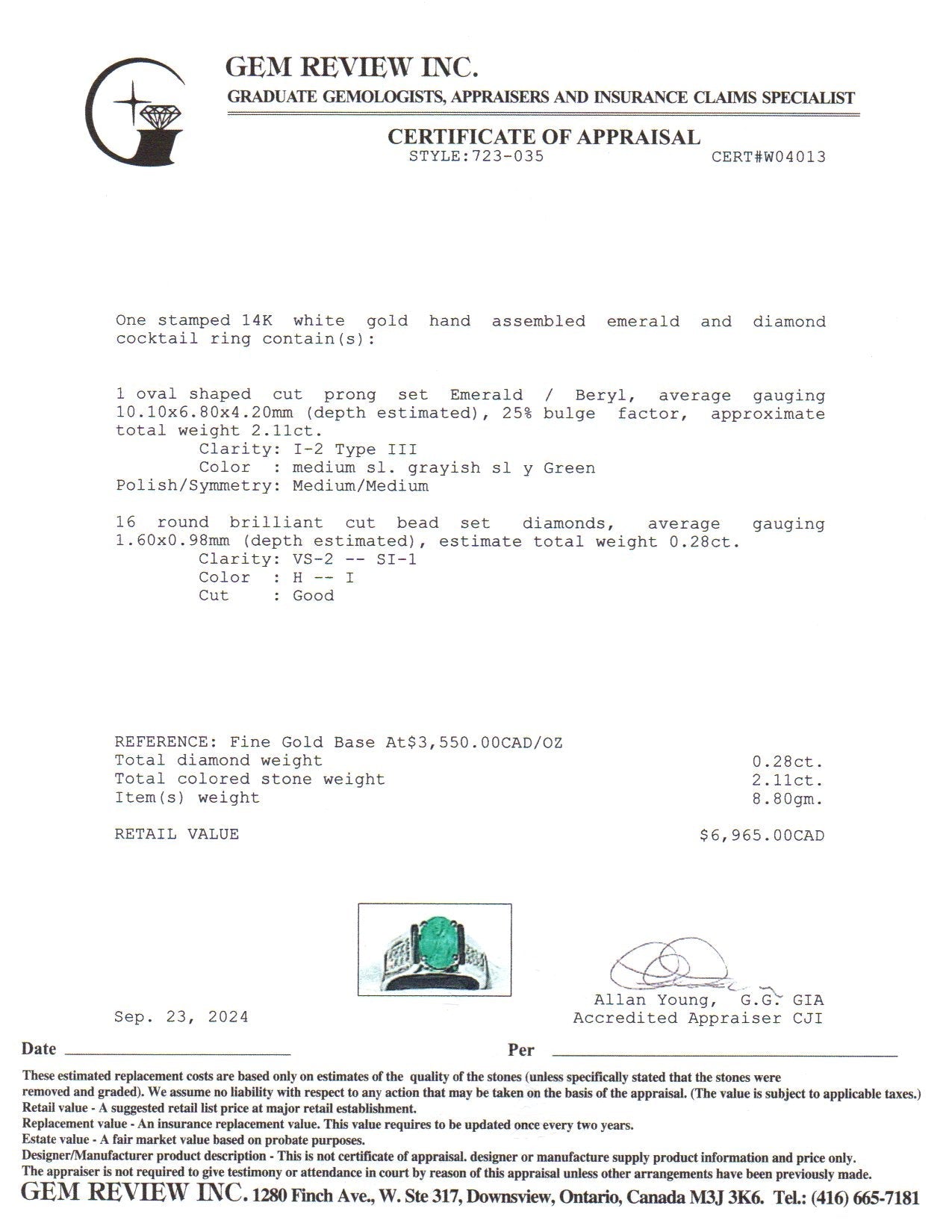 14K White Gold Emerald and Diamond Ring - 2.11ct Emerald & 0.28ctw Diamonds - Size 7.5 - Elegant Engagement, Wedding or Anniversary Jewelry Gift