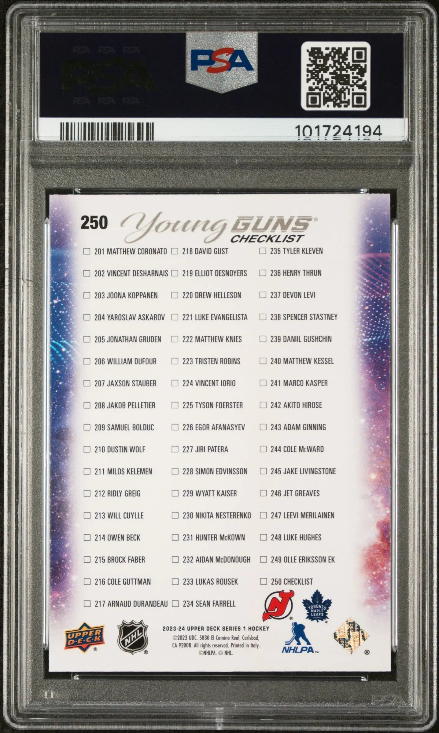 2023-24 Upper Deck Series 1 Hockey Connor Knies & Jack Hughes Outburst Young Guns Rookie Cards Checklist - PSA 9 Graded - Collectible NHL Trading Cards for Fans & Investors | Perfect for Display, Trading, and Sports Memorabilia Collections