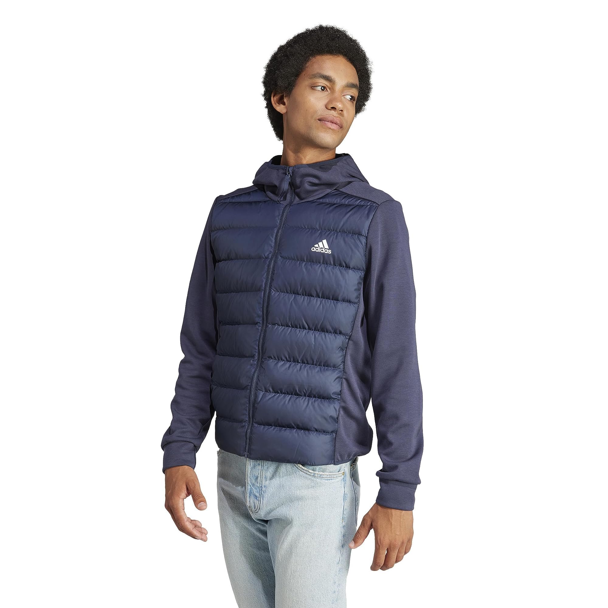adidas Men's Essentials Hybrid Down Hooded Jacket - Lightweight Warm Winter Coat for Running, Hiking & Outdoor Activities