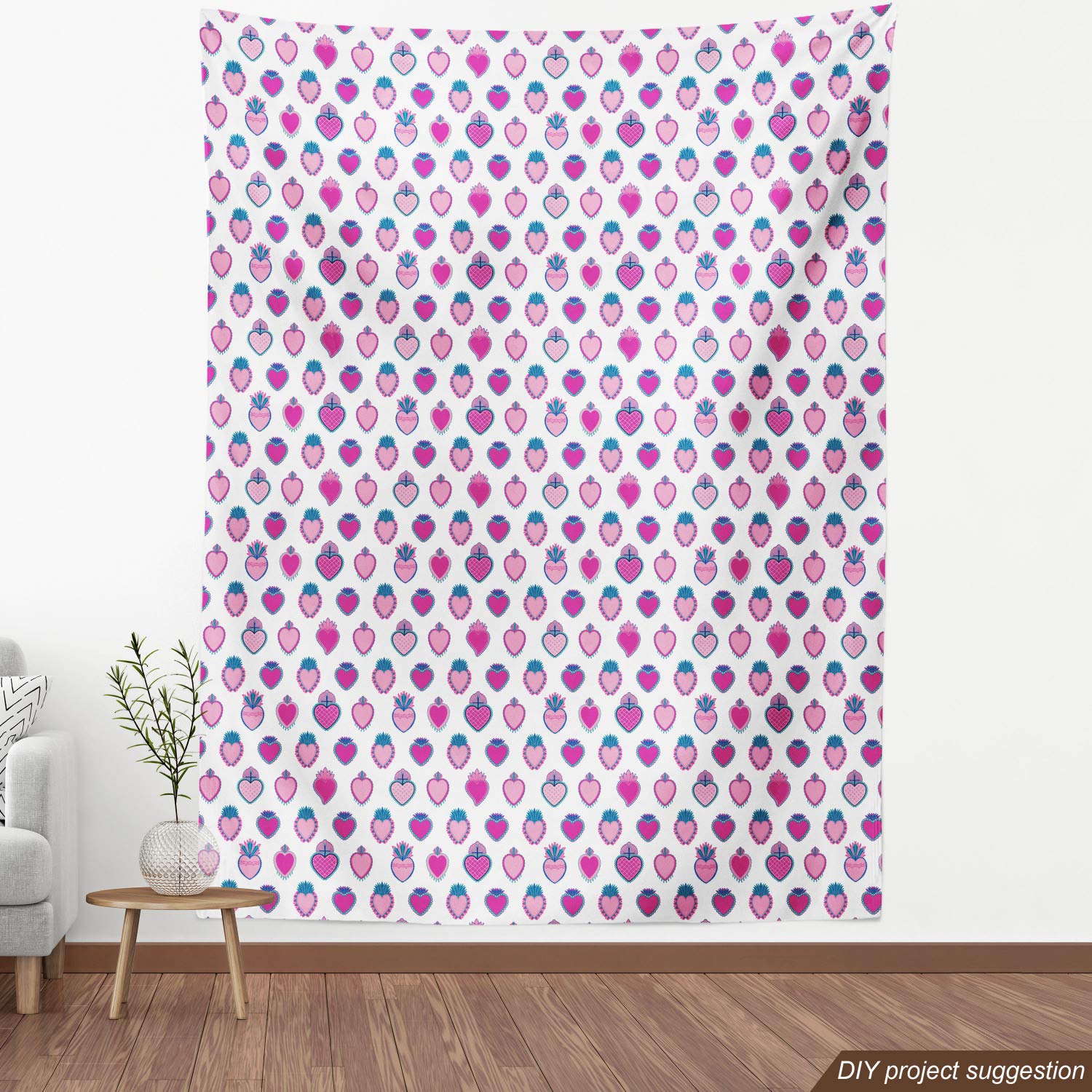 Ambesonne Romantic Floral Fabric by The Yard - Flowering Hearts with Flourishing Leaves and Blooms, Love & Romance Theme Upholstery Material (10 Yards, Petrol Blue Magenta) for Sofa, Curtains, Pillows & Home Decor