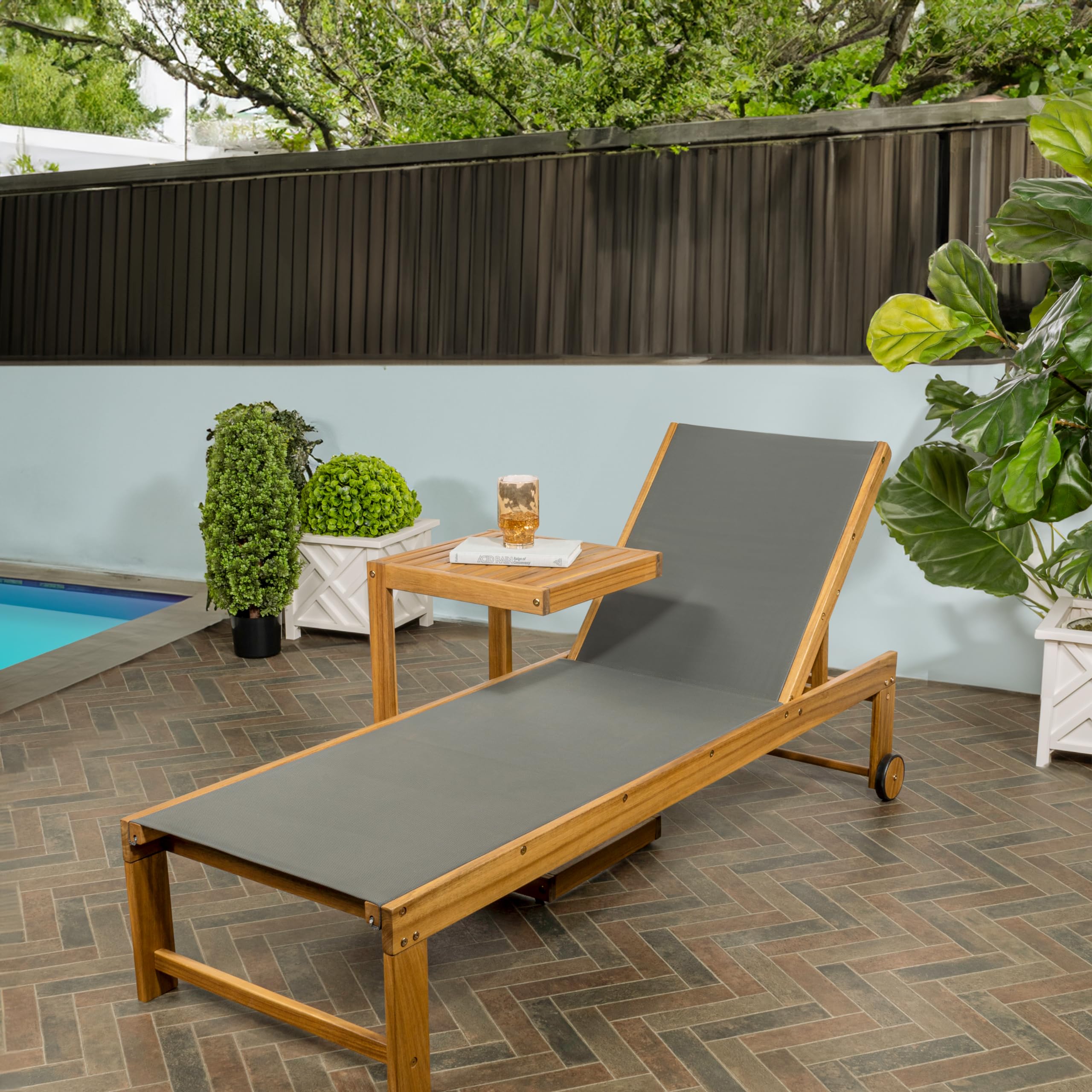 Modern Acacia Wood Outdoor Chaise Lounge Set with Side Table - 3-Position Adjustable, Dark Gray/Teak Brown - Coastal & Contemporary Design for Patio, Poolside, or Backyard Relaxation