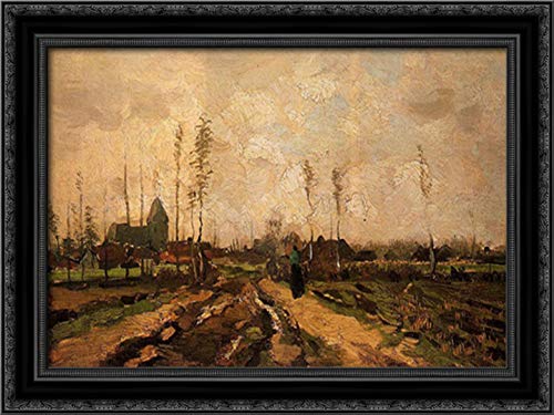 Vincent van Gogh Landscape With A Church And Houses 24x18 Black Ornate Wood Framed Canvas Art - Perfect for Living Room, Bedroom & Office Wall Decor