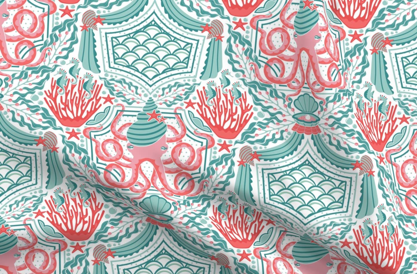 Eat Kelp Large Pink Teal Red Retro Beach Damask Seaweed Printed Minky Fabric by The Yard - Soft Plush Material for Sewing Baby Blankets, Quilt Backing & DIY Projects - Perfect for Nursery Decor, Coastal Themed Bedding & Beach House Accessories
