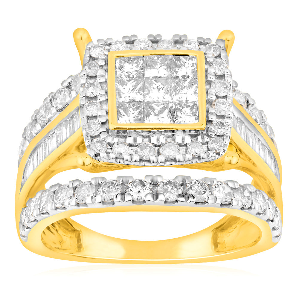 9ct Yellow Gold 2 Carat Diamond Cushion Cluster Ring for Women - Elegant Engagement, Wedding & Anniversary Jewelry Gift
