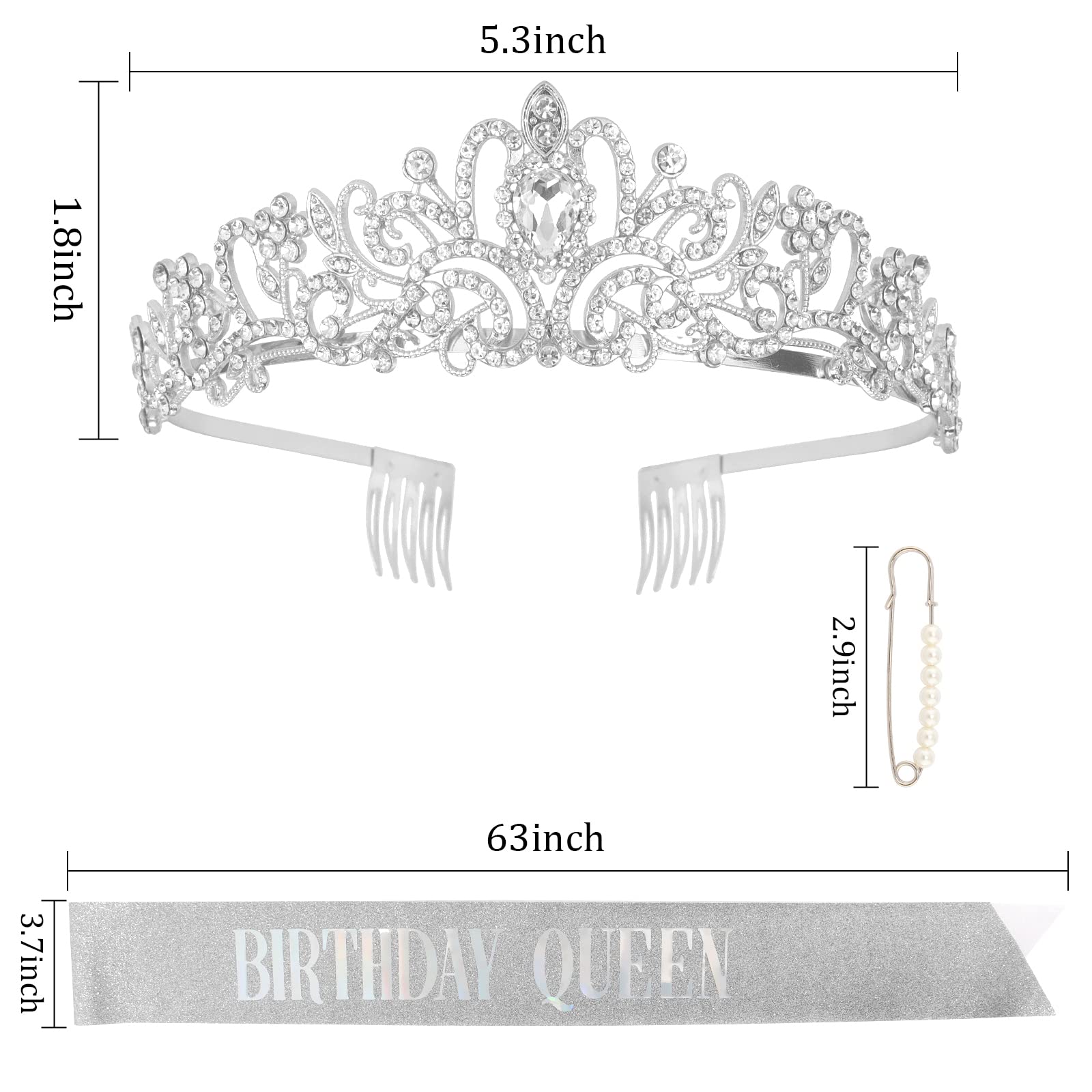 Silver Birthday Crown & Queen Sash Set for Women - Elegant Tiara & Birthday Party Decorations - Perfect for Birthday Celebrations, Bachelorette Parties & Special Occasions