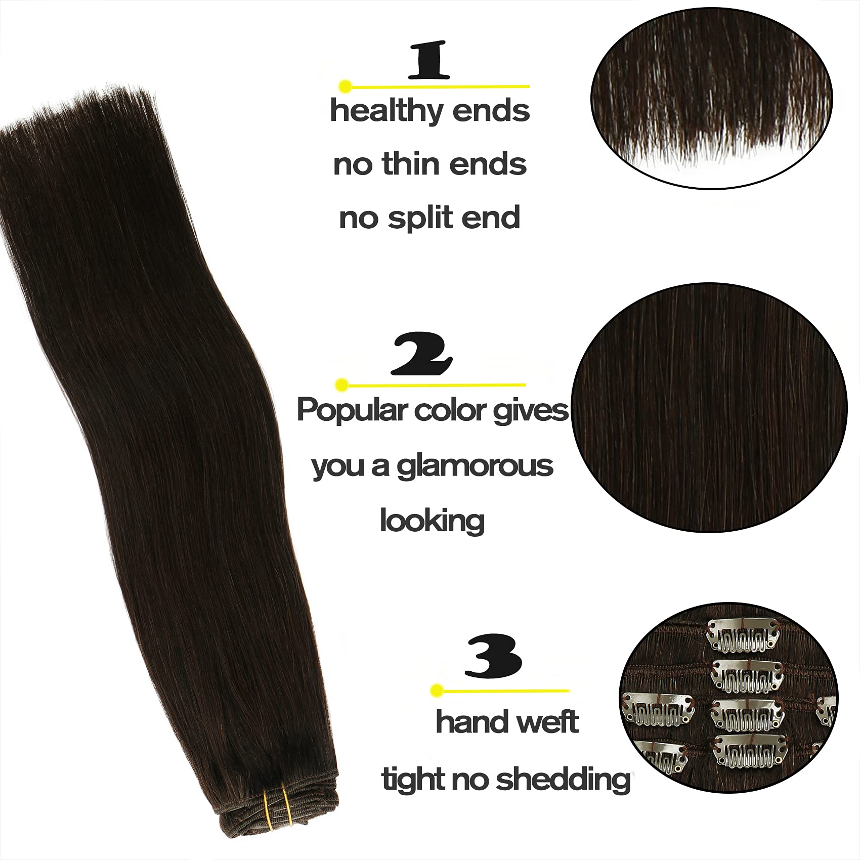 HUAYI Dark Brown 22-Inch 120g 7-Piece Clip-In Human Hair Extensions - Double Weft Thick Ends, Soft & Tangle-Free Straight Hair for Full Head Volume - Natural Balayage Color (#2) | Perfect for Parties, Weddings & Daily Styling