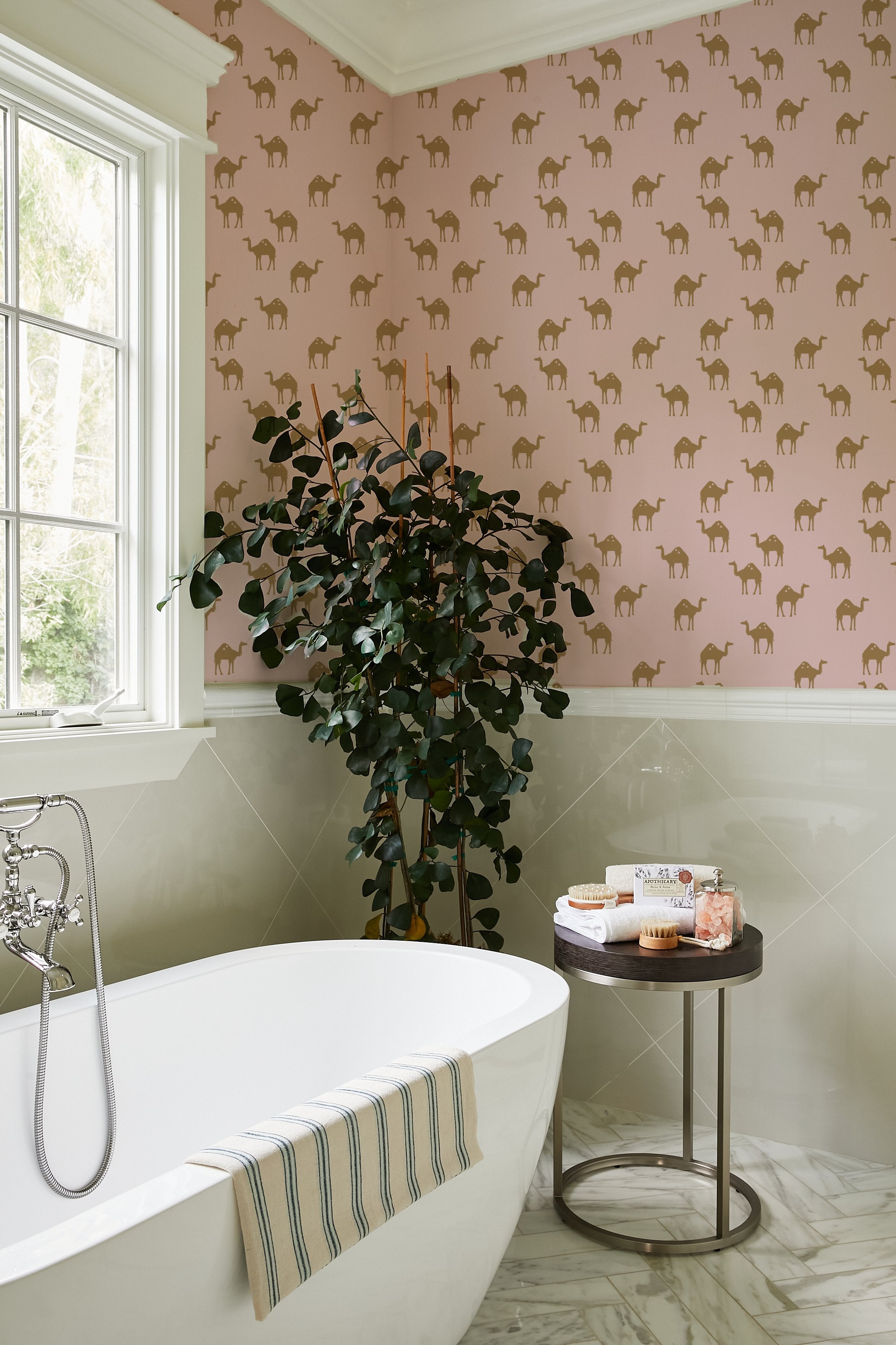Oasis Camels Wallpaper by Tea Collection - Ballet Slipper Pink Desert Theme Peel & Stick Wallpaper - Perfect for Nursery, Kids Room & Boho Home Decor