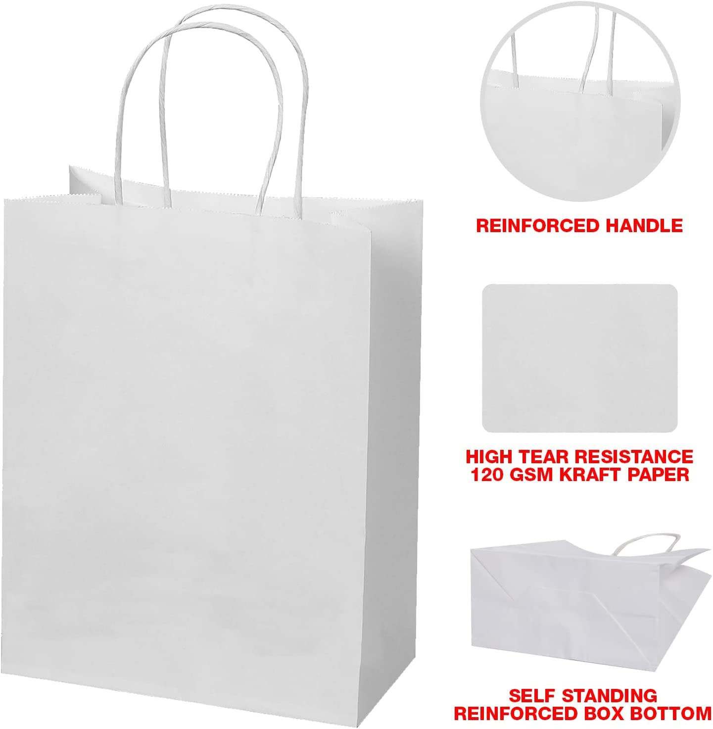 Premium White Paper Gift Bags - Eco-Friendly & Recyclable Return Gift Bags (12x16x5 Inches, Pack of 25) - Perfect for Weddings, Baby Showers, Birthday Parties & Retail Shopping