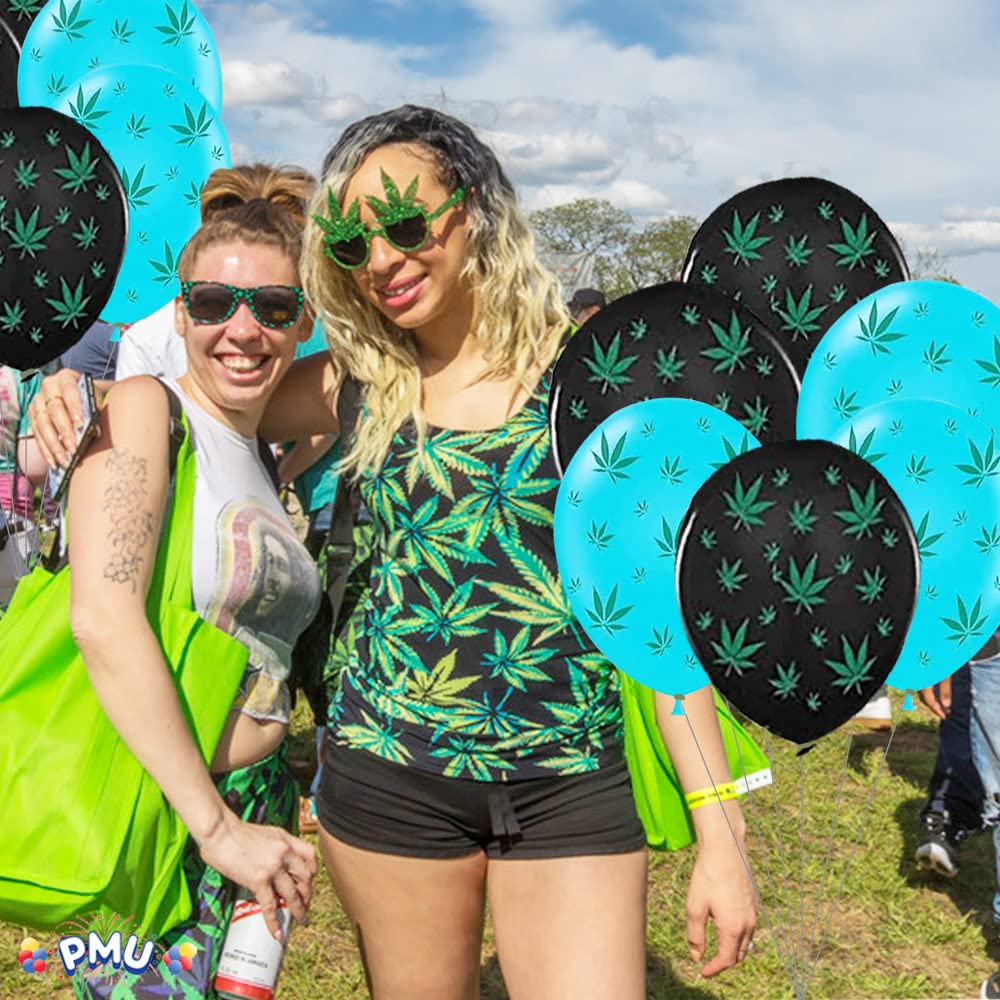 Premium 11in Black & Turquoise Marijuana Balloons with All-Over Green Leaf Print - Pack of 50 for Stoner Parties, 420 Celebrations & Cannabis-Themed Events