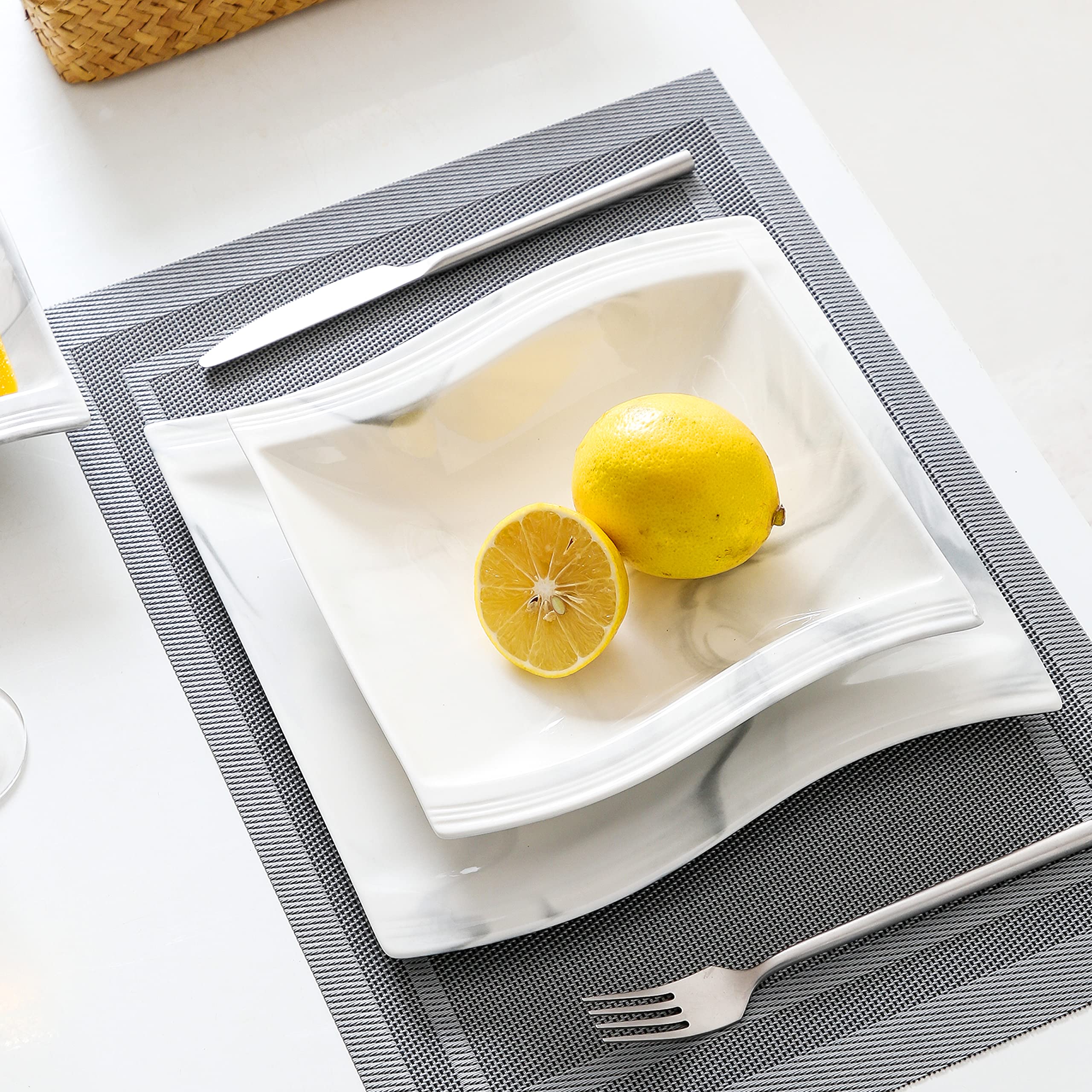 MALACASA 12-Piece Porcelain Dinnerware Set for 6 - Square Marble Plates & Bowls, Modern Dining Ware Collection (Flora Series) - Perfect for Family Dinners, Restaurants, and Stylish Home Entertaining