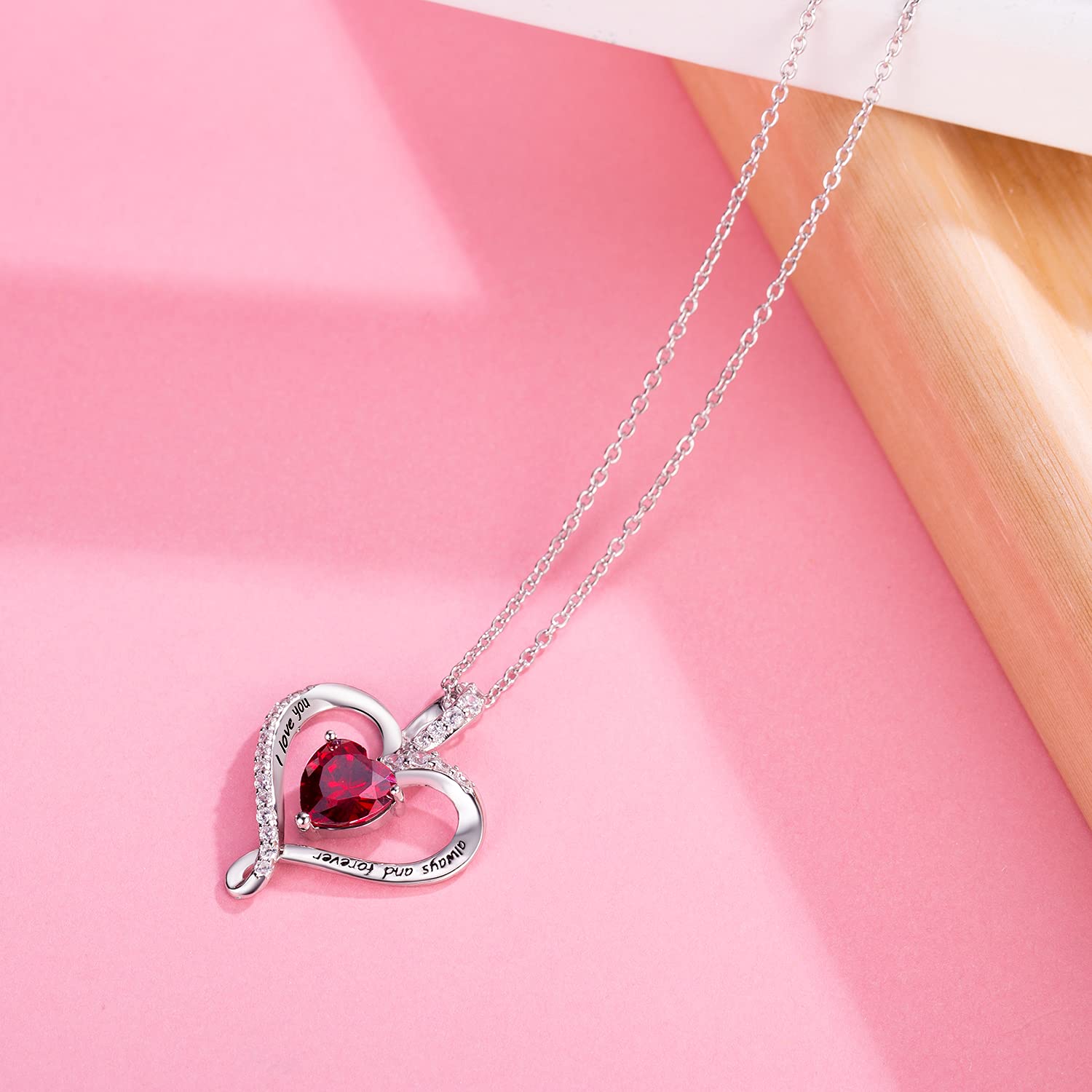 BlingGem Sterling Silver Heart Necklace for Women - 5A CZ Birthstone Pendant Jewelry, Perfect Gift for Mom, Wife, Girlfriend | Valentine's Day, Anniversary, Birthday Gift Idea | I Love You Always and Forever