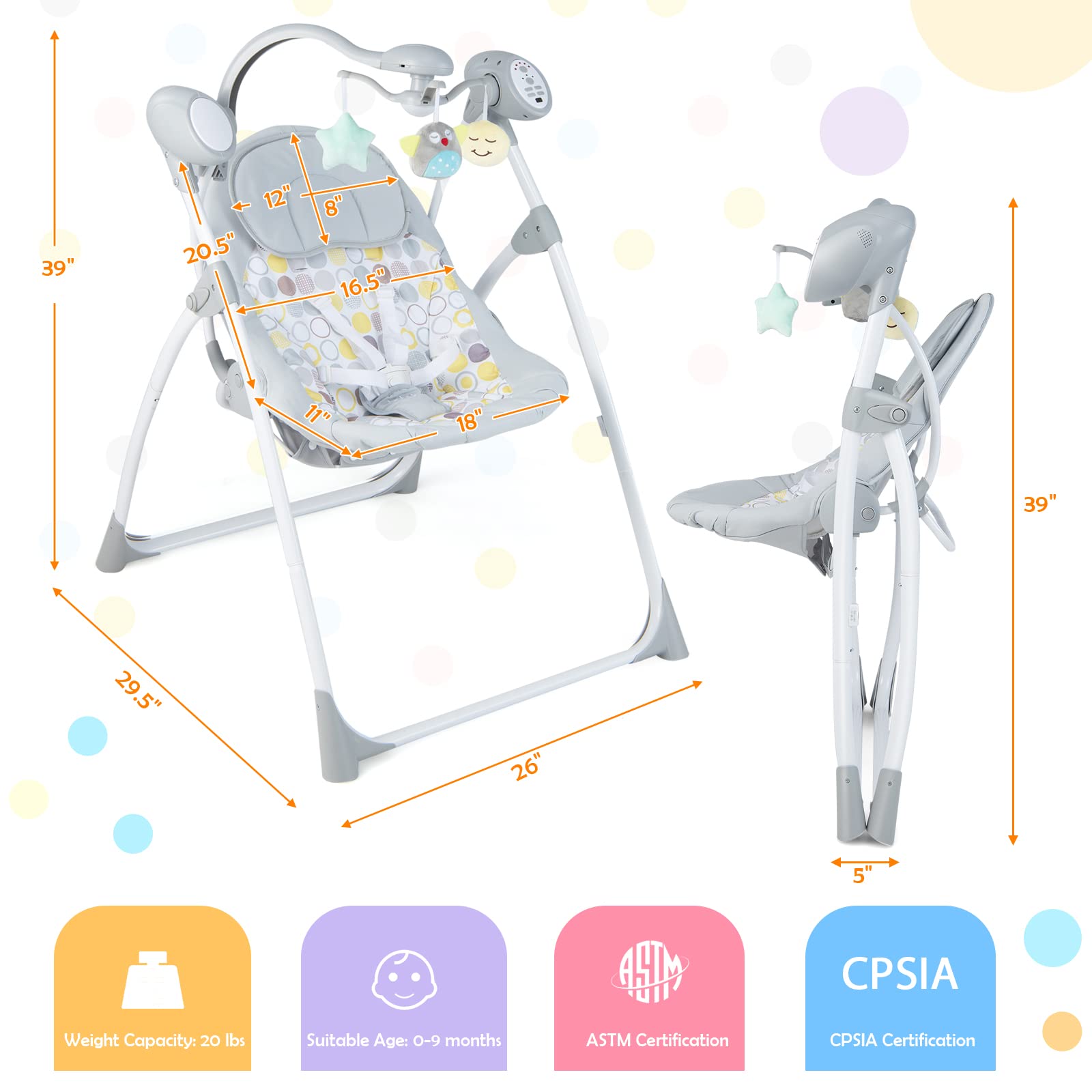 BABY JOY Baby Swing - Portable Electric Infant Rocker with 5 Speed Settings, 3-Position Recline, Timer & Soothing Sounds - Compact Nursery Swing for Newborns (Grey) | Perfect for Bedroom, Living Room & Travel