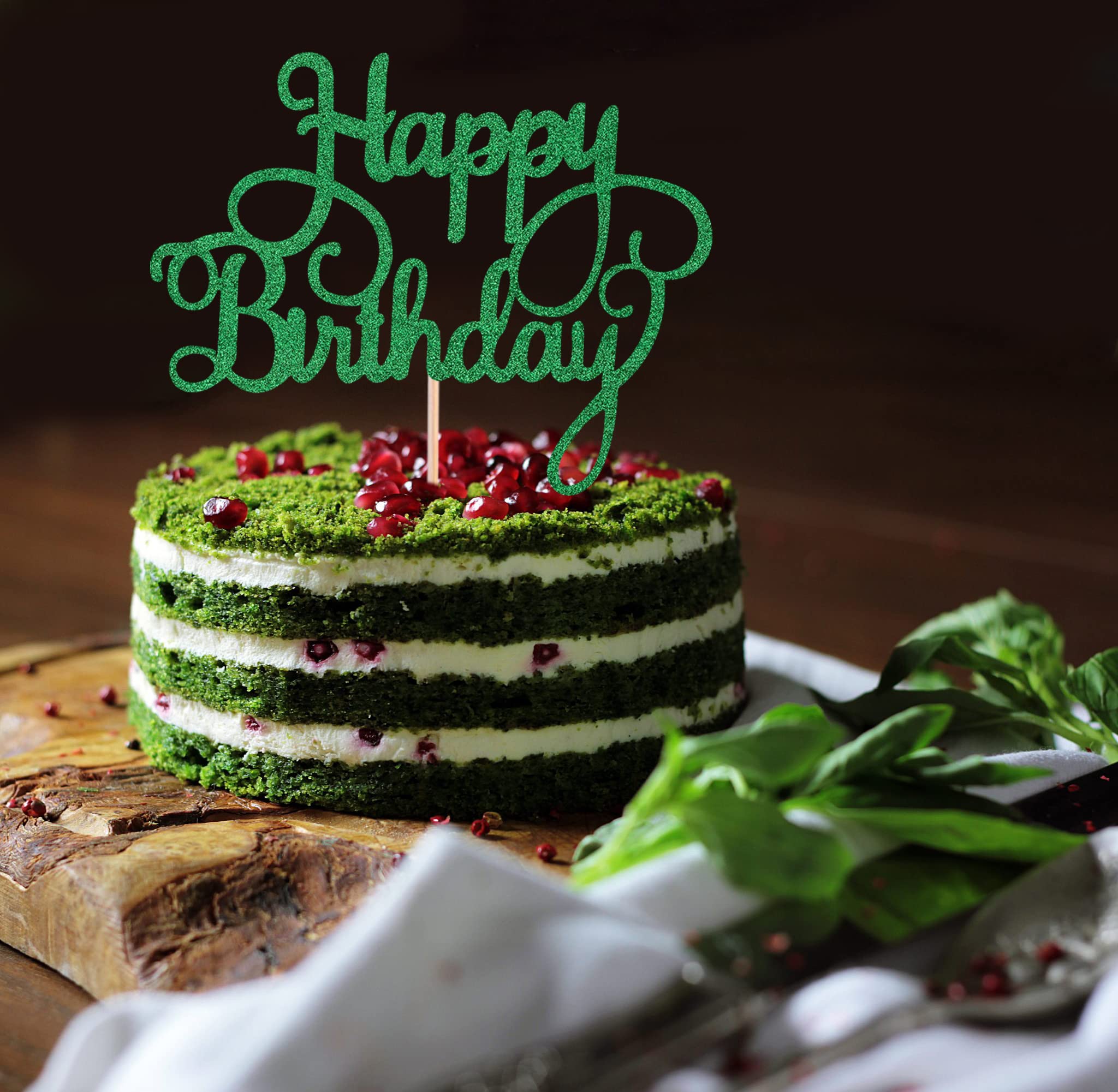 Green Glitter Happy Birthday Cake Topper & Bunting Decor - Anniversary Party Cake Decoration Supplies for Photo Booth Props - Perfect for Birthday Cakes, Wedding Anniversaries & Celebration Parties